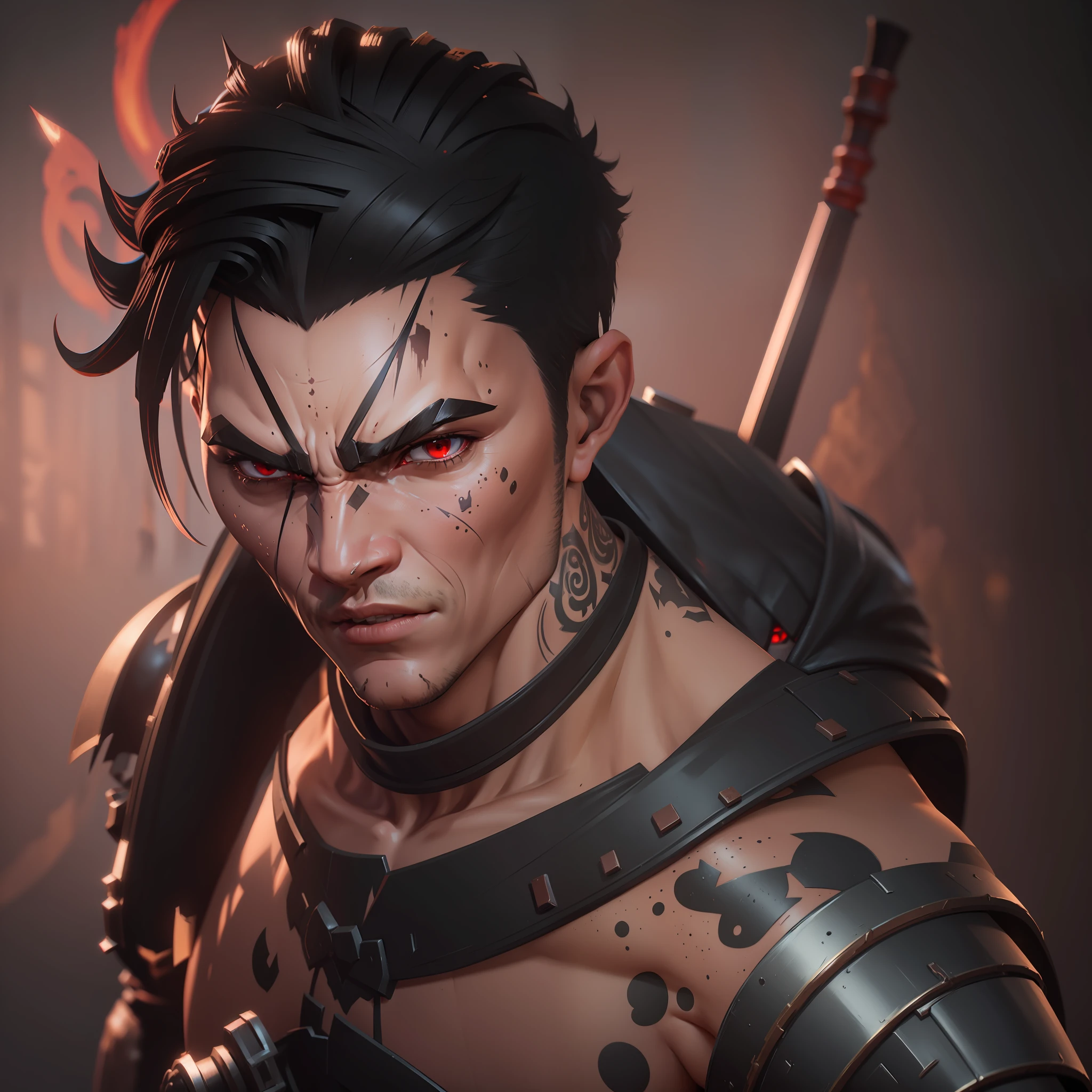 man with closed dark metal armor, full body, long swords in each hand, red eyes, detailed mouth, defined and detailed eyes, defined and detailed nose, tattoo on face, perfect teeth, short hair on shoulder, black hair, defined body, Guts, Berserker, 3 d render character art 8 k, 3 d character art, male warrior, digital fantasy character,  Realistic character concept, unreal 3D engine