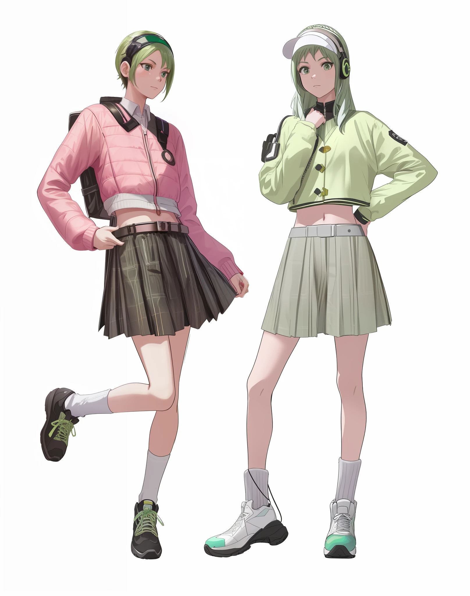girl, vertical painting, natural light, global light, front view, fashion, gold dragon pattern, pattern, clothing, headset, zipper, buttons, pattern, logo, pleats, belt, sophisticated, generate more details, light green hair, dark green vest, light green t-shirt, black shorts, sneakers, black backpack, modern, anime style, anime, modern, futuristic, first-person perspective, panorama, concept art, uhd, masterpiece, ccurate, textured skin, super detail, high detail, high quality, Best quality, high resolution, no background, white background