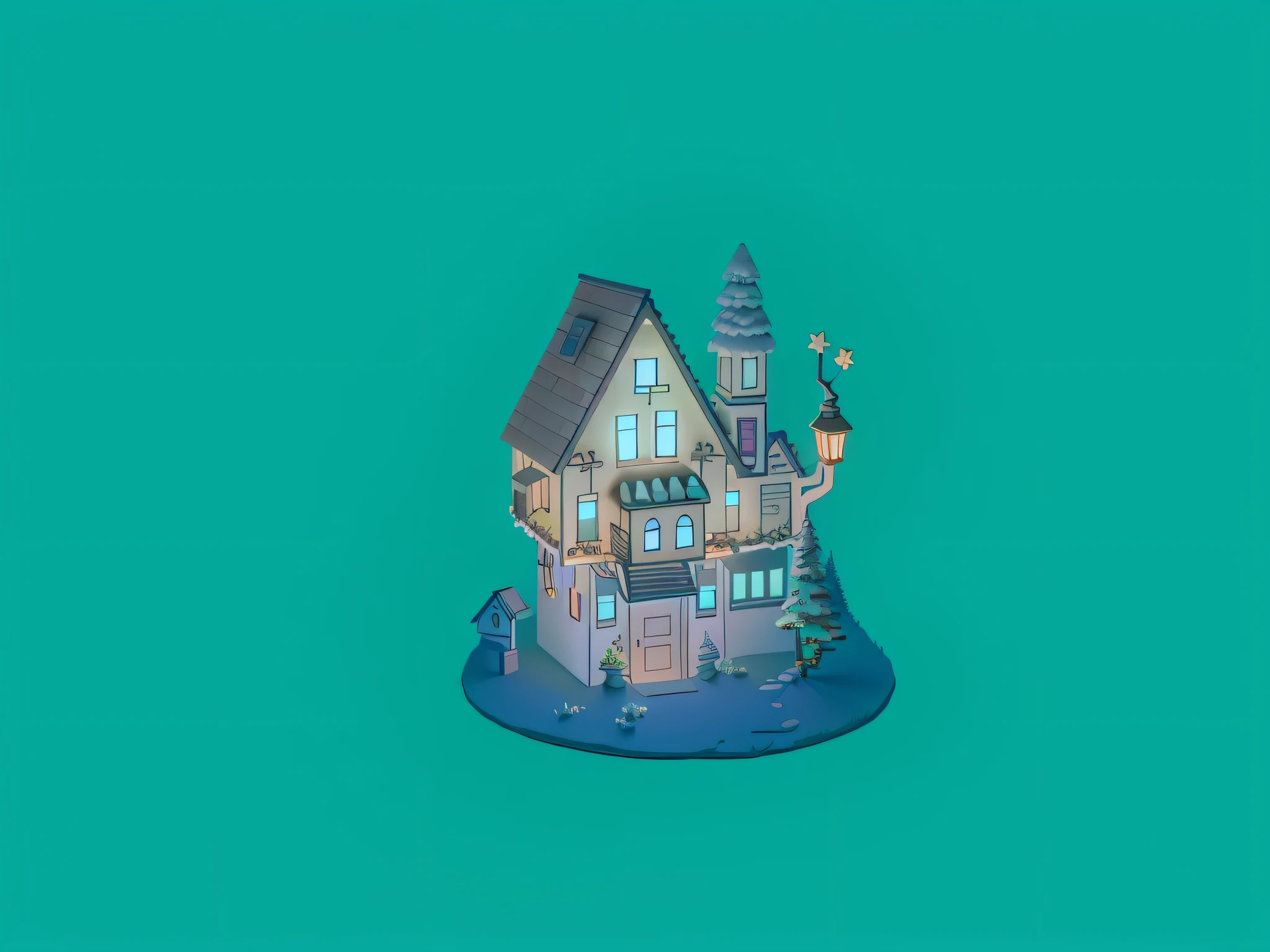 night scene of stickers, close-up photo of a house with lights on in the forest, soft volumetric lights, (backlit: 1.3), (cinematic: 1.3), intricate details, (ArtStation: 1.3), Rutkowski