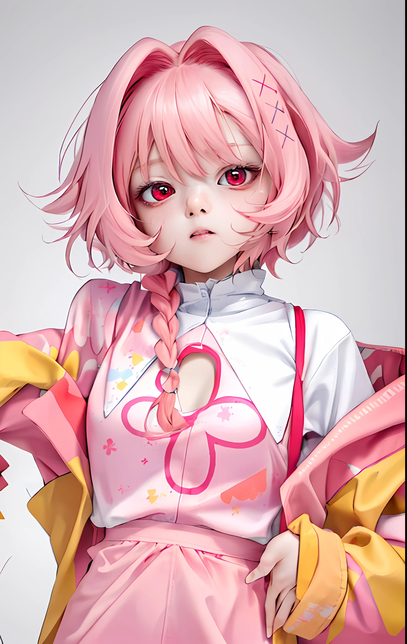 (Ultra High Resolution, Realistic, Best Quality, Realistic), (8K, Original Photo, Best Quality, Masterplece), 1 Girl, Pink Hair, Red Eyes, Yellow Clothes, White Pattern on Clothes