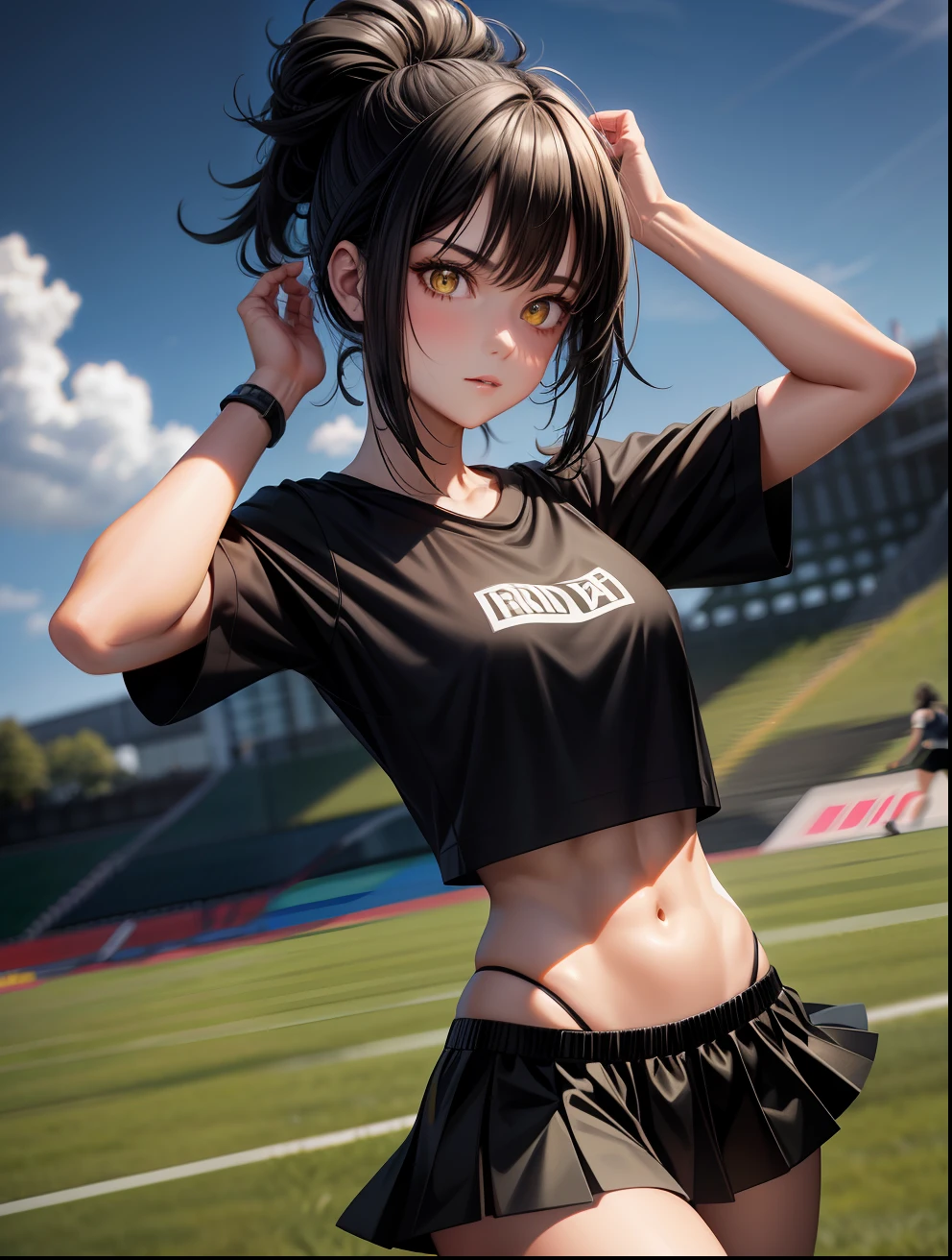 realistic, 1girl, black hair, yellow eyes, hair tied, black top, black skirt, sneakers, ABS, on a green field, dynamic pose