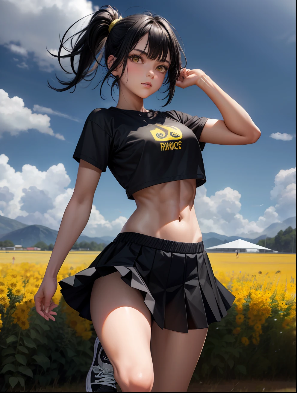 realistic, 1girl, black hair, yellow eyes, hair tied, black top, black skirt, sneakers, ABS, on a green field, dynamic pose
