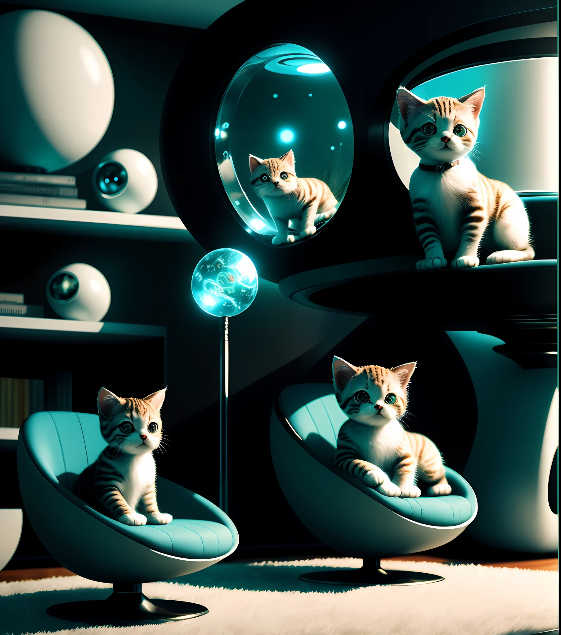 1970retrofuturism, robotic kitten, on a futuristic living room, 4k high resolution, ultra realistic, ultra detailed, dreamlikeart.