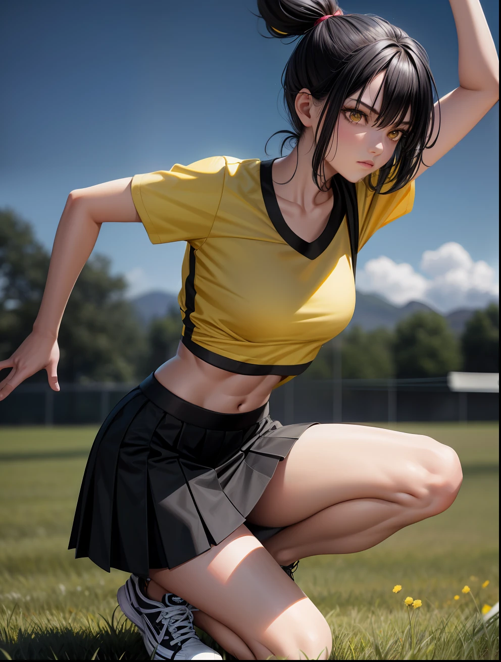 realistic, 1girl, black hair, yellow eyes, hair tied, black top, black skirt, sneakers, ABS, on a green field, dynamic pose