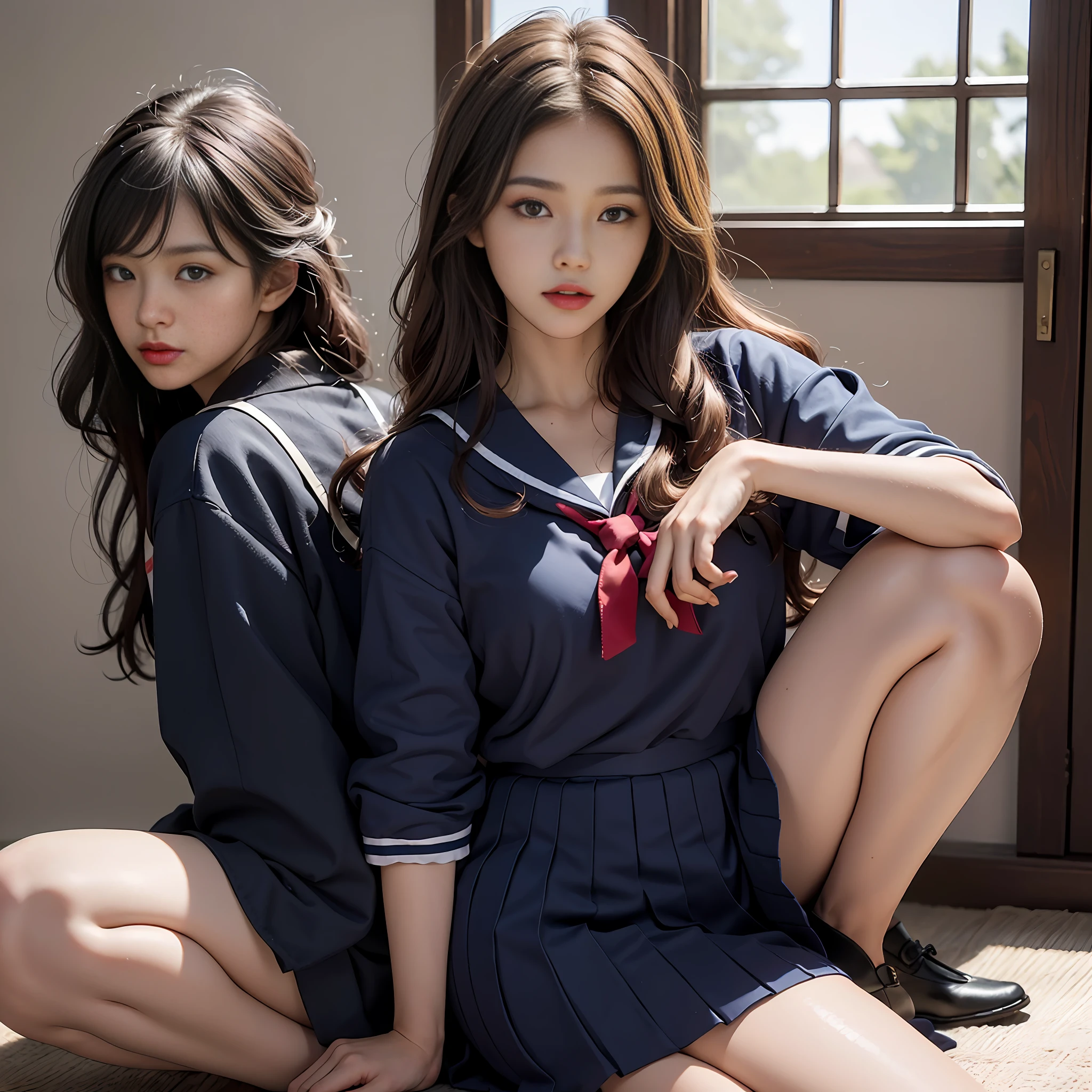 (Top Quality, Masterpiece: 1.2), (One Woman), Japan High School, Back of the School, (Half Squat: 1.2), Tall, (Bad Girl.Yankee: 1.2), High School Uniform, (Dark Blue Sailor Suit: 1.2), Squashed School Bag, (Light Brown Hair, Long Curly Hair), (aura Rising Behind), Black Loafers, , Big, Beauty, ( Photorealistic: 1.3), NFSW, Ultra Detail, (High Detail Skin: 1.2), (Best Quality: 1.0), (Ultra High Resolution: 1.0), (ulzzang-6500:0.3), (Perfect Face, Perfect Body, Perfect Outfit, Perfect Anatomy: 1.5)