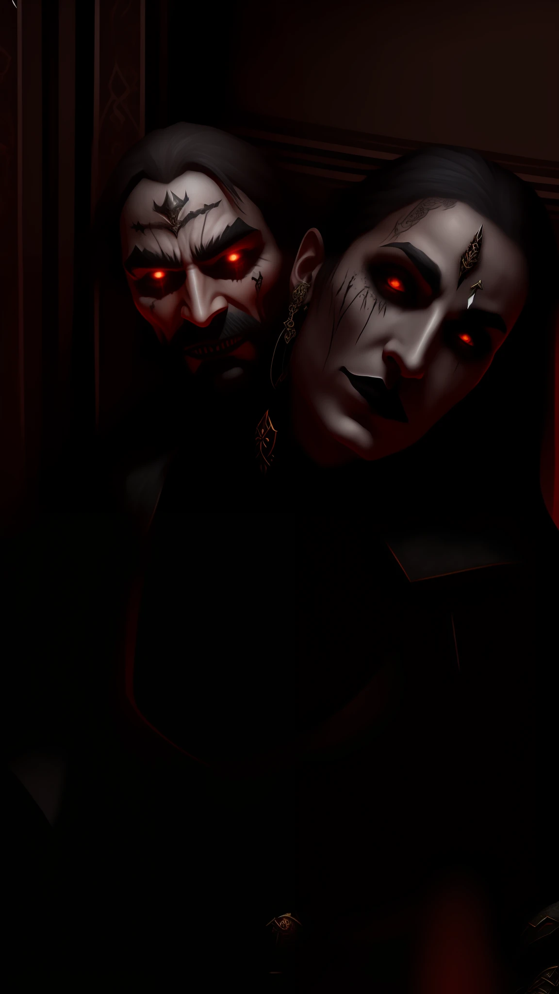 Couple of necromancers, exaggerated gothic costume, tattoos, medieval background setting, diablo 4, 4k, game art