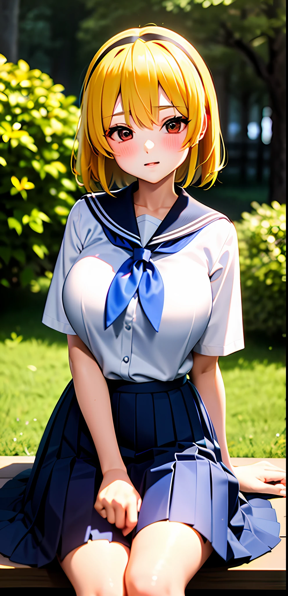 jksatoko,yellow hair,1 girl,solo,best quality, sailor school uniform,blue pleated skirt,middle breasts,looking up the viewer, outside,forest,yandere,sitting down, holding knife , blood on clothing