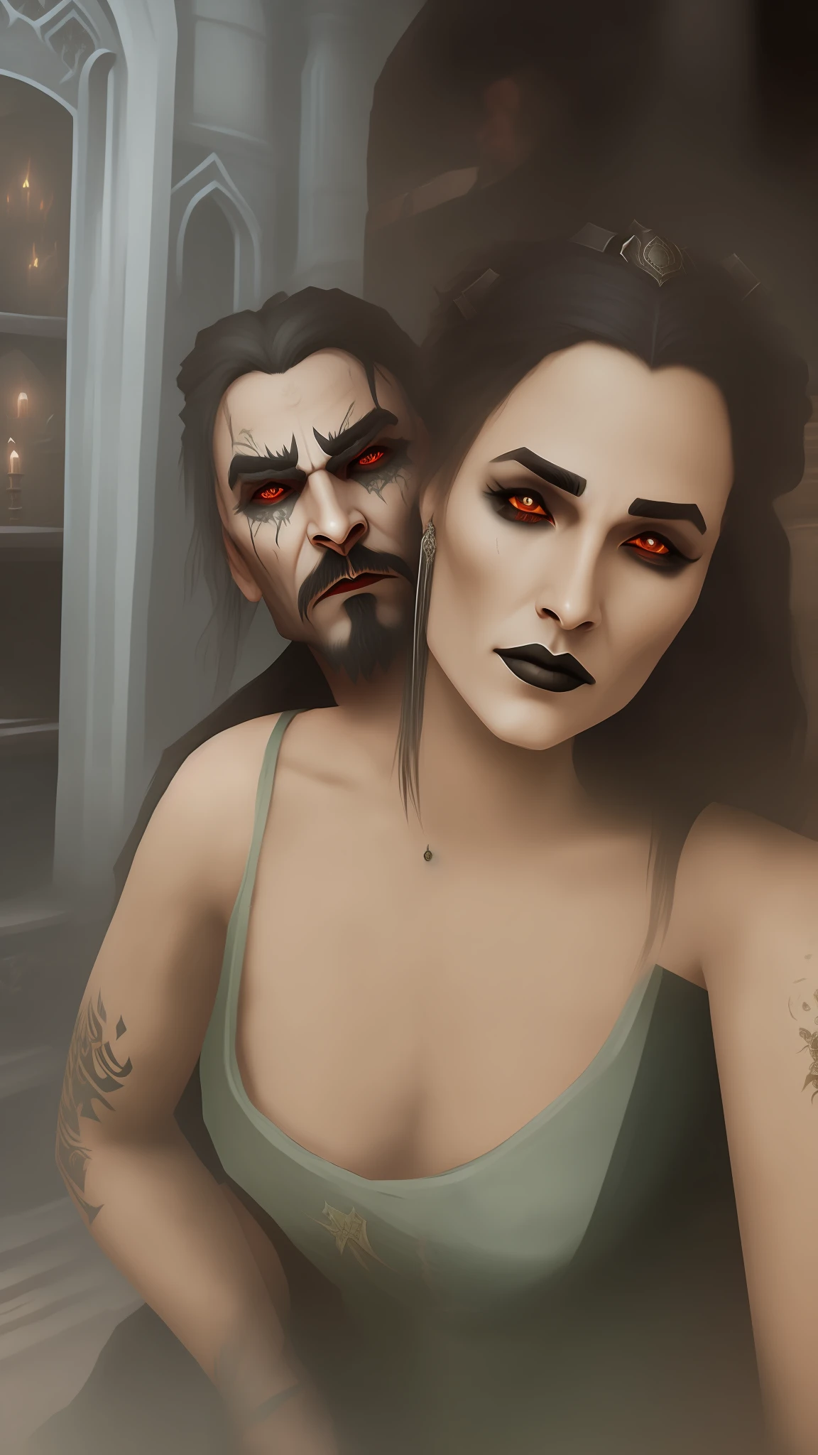 Couple of necromancers, exaggerated gothic costume, tattoos, medieval background setting, diablo 4, 4k, game art