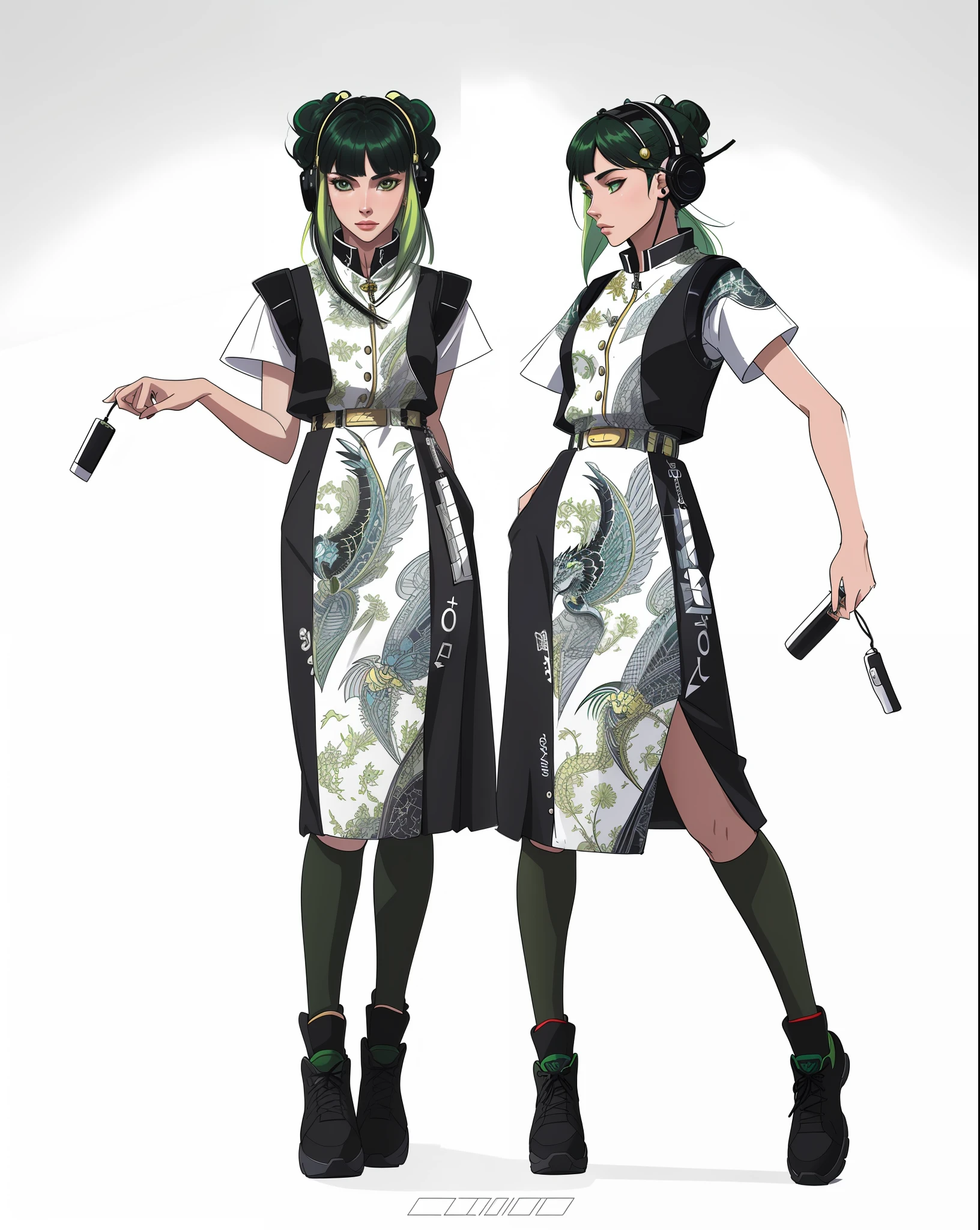 girl, vertical painting, natural light, global light, front view, fashion, gold dragon pattern, pattern, clothing, headset, zipper, buttons, pattern, logo, pleats, belt, sophisticated, generate more details, light green hair, dark green vest, light green t-shirt, black shorts, sneakers, black backpack, modern, anime style, anime, modern, futuristic, first-person perspective, panorama, concept art, uhd, masterpiece, ccurate, textured skin, super detail, high detail, high quality, Best quality, high resolution, no background, white background