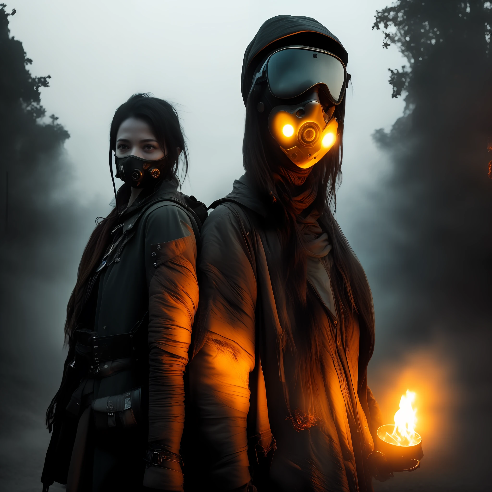 a photo of a post apocalyptic woman with a glowing mask gas on her face, portrait photo, Futuristic Clothes