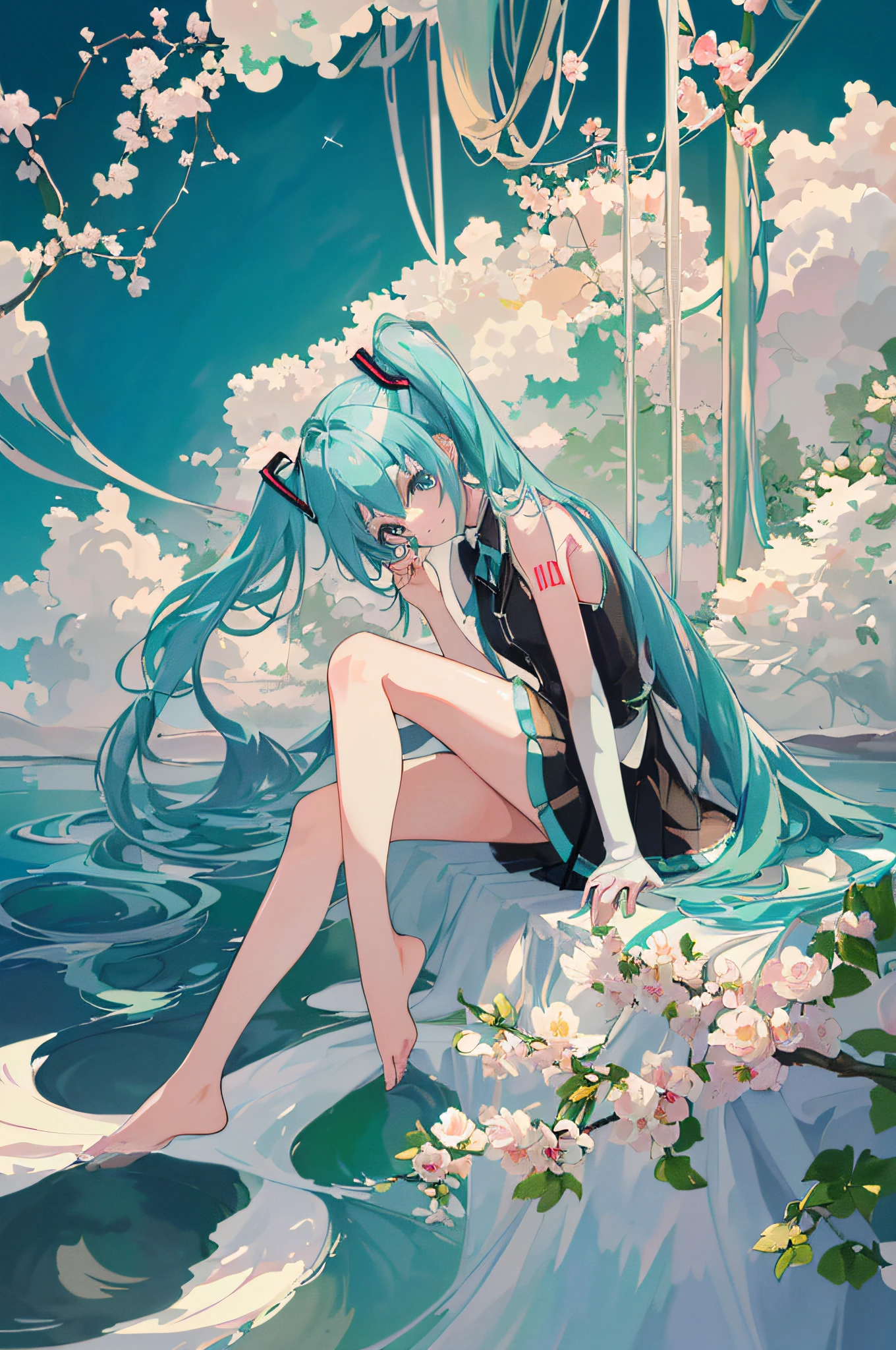 Hatsune Miku, highest quality, purity, ((best image quality, 8k, masterpiece: 1.3)), ((masterpiece, side light, beautiful eyes with exquisite details: 1.2), real smooth skin, shiny face, anime, girl, facial radiance, photography, art station trend on Pixiv