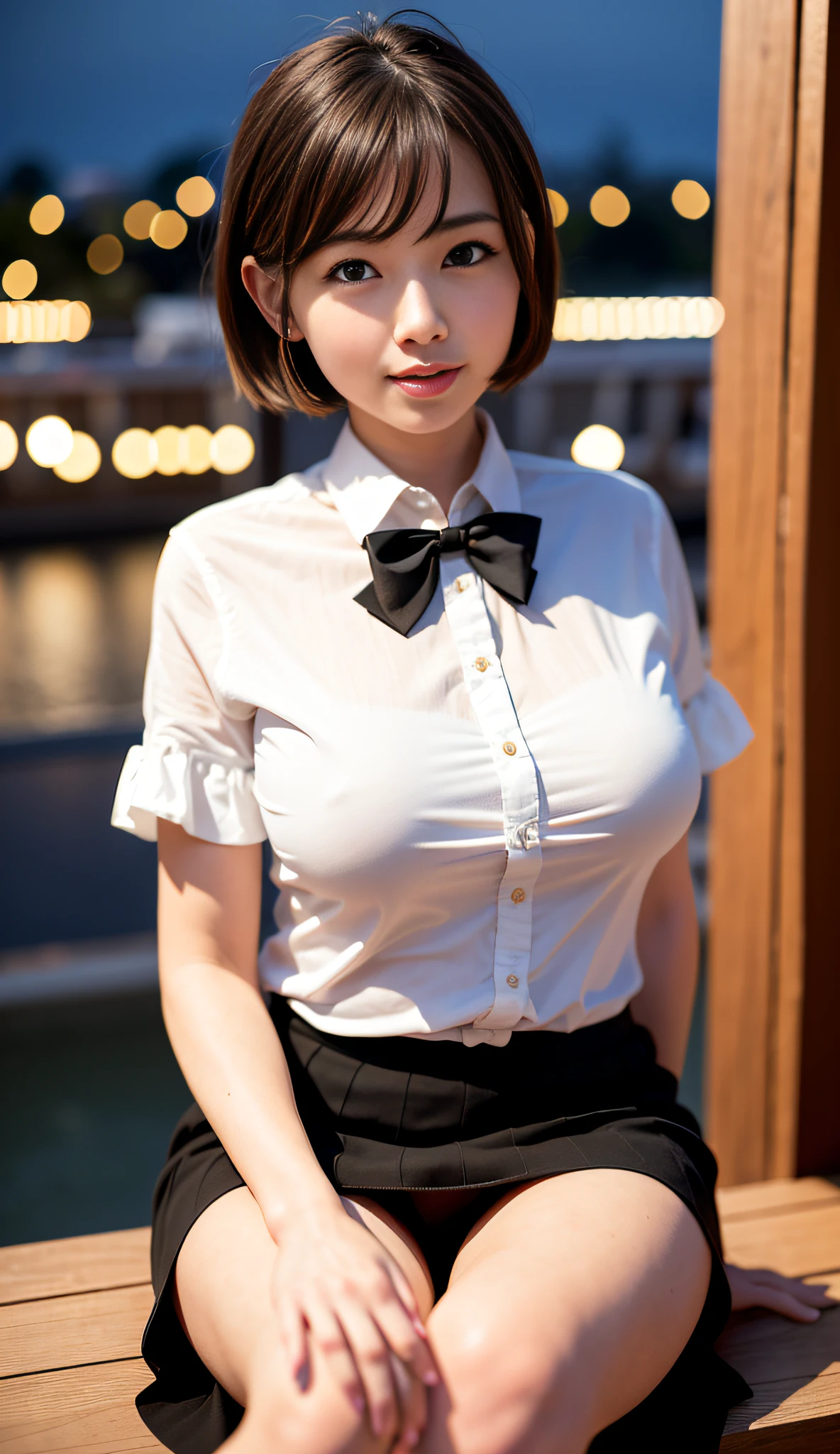 (8k, RAW photo, best quality, masterpiece:1.2), (realistic, photo-realistic:1.37), ultra-detailed,
1 girl,cute, solo,beautiful detailed sky,detailed cafe,night,sitting,dating,(nose blush),(smile:1.1),(closed mouth),large breasts, seductive smile, large aparture, professional lighting, Sony A7R4, Zessie 50mm F1.8,
big breasts,beautiful detailed eyes,(collared shirt:1.1), bowtie,pleated skirt,(short hair:1.2),floating hair