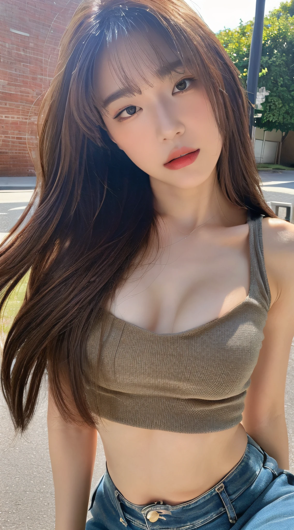 ((top quality, 8k, masterpiece: 1.3)), crisp focus: 1.2, beautiful woman with perfect style: 1.4, slender abs: 1.2, ((dark brown hair, big: 1.2)), street: 1.2, highly detailed face and skin texture, detailed eyes, double eyelids