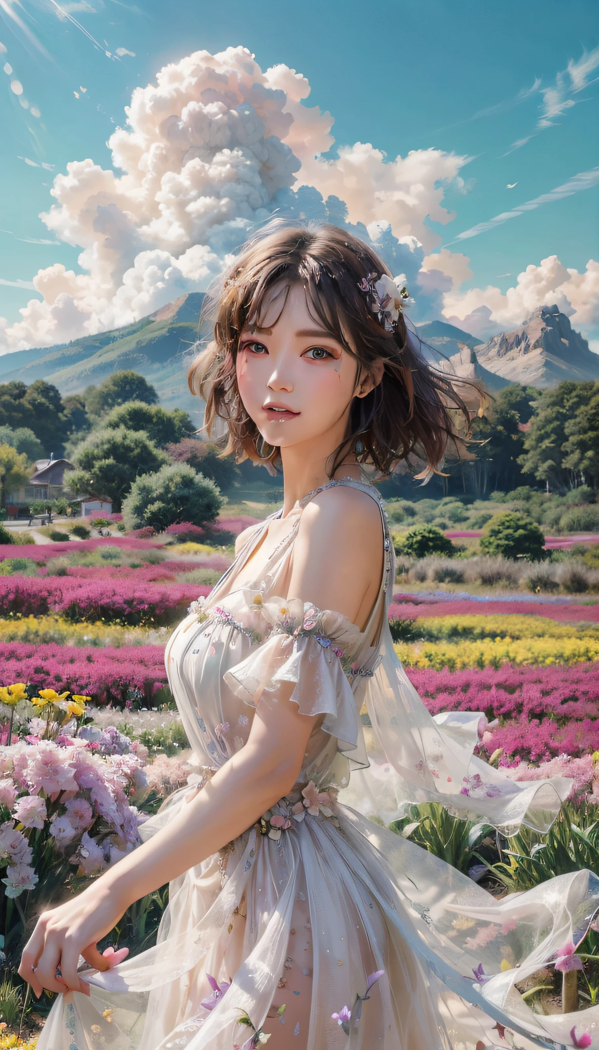 a woman in a dress standing in a field of flowers, girl frontal in a flower field, girl in a flower field, girl standing in a flower field, ethereal beauty, a goddess in a field of flowers, yanjun chengt, official artwork, girl standing in flower field, fantasy art style, dreamy and ethereal, inspired by Yanjun Cheng, beautiful digital artwork