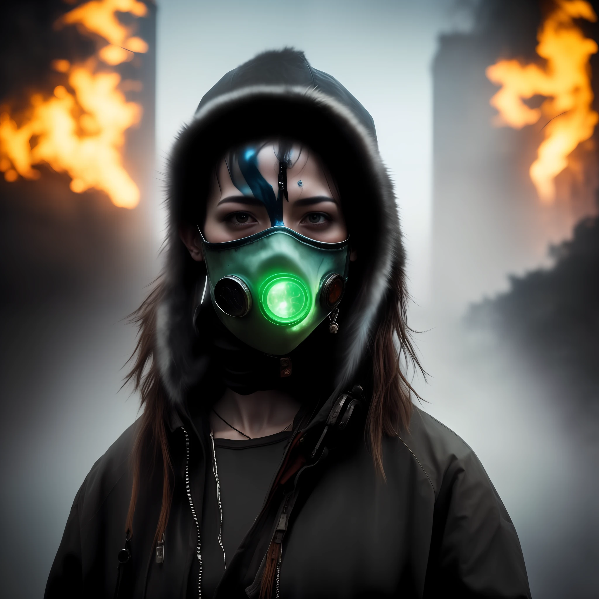 a photo of a post apocalyptic woman with a glowing mask gas on her face, portrait photo, Futuristic Clothes