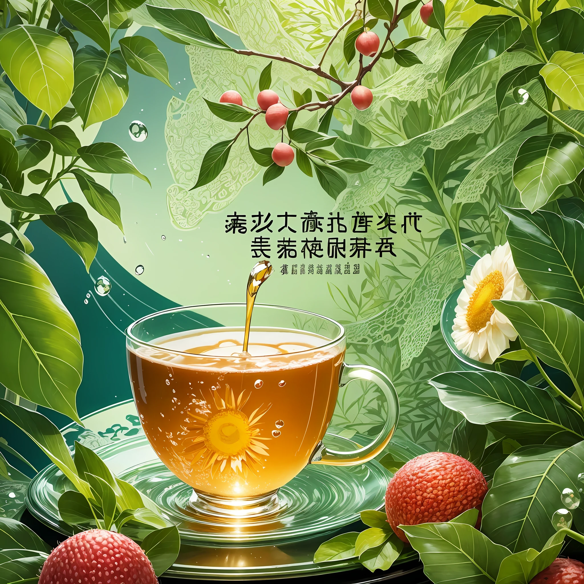 Masterpiece, HD, a poster, the theme is morning tea, there are two Chinese Chinese characters for big morning tea, the theme of the poster content is lychee and summer, water drops, sunshine, clear sky, green leafy plants, --auto --s2