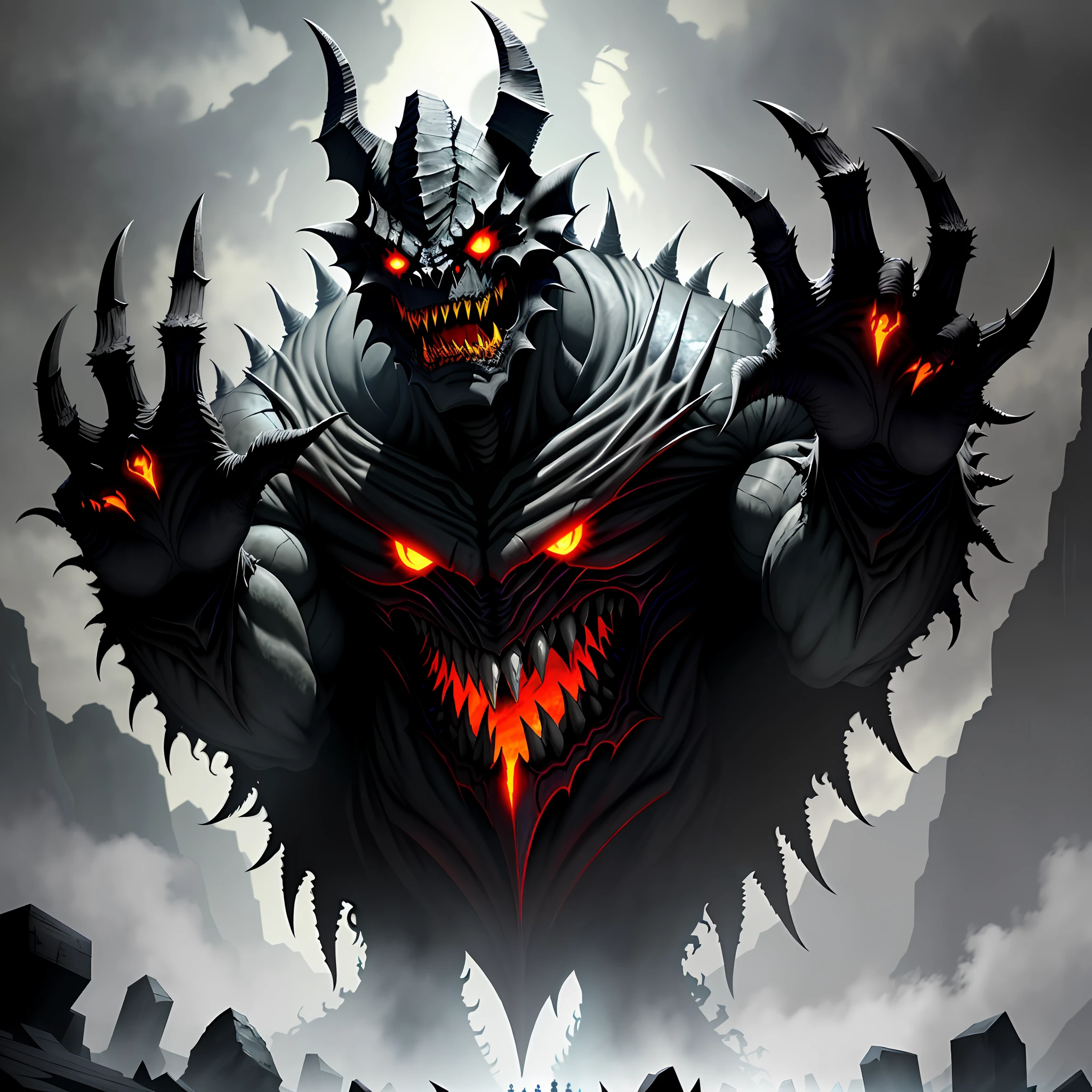 Vorag is a grotesque and supernatural entity, completely devoid of human form. He is a colossal creature, with an exposed, twisted bone structure that extends in several directions. Its skin is a mixture of dark scales and putrefied tissue, giving it a monstrous and corroded appearance. Its sharp claws and jagged teeth are visible in its torn mouth. He is shrouded in a dark and gloomy mist, emanating an aura of terror and despair.