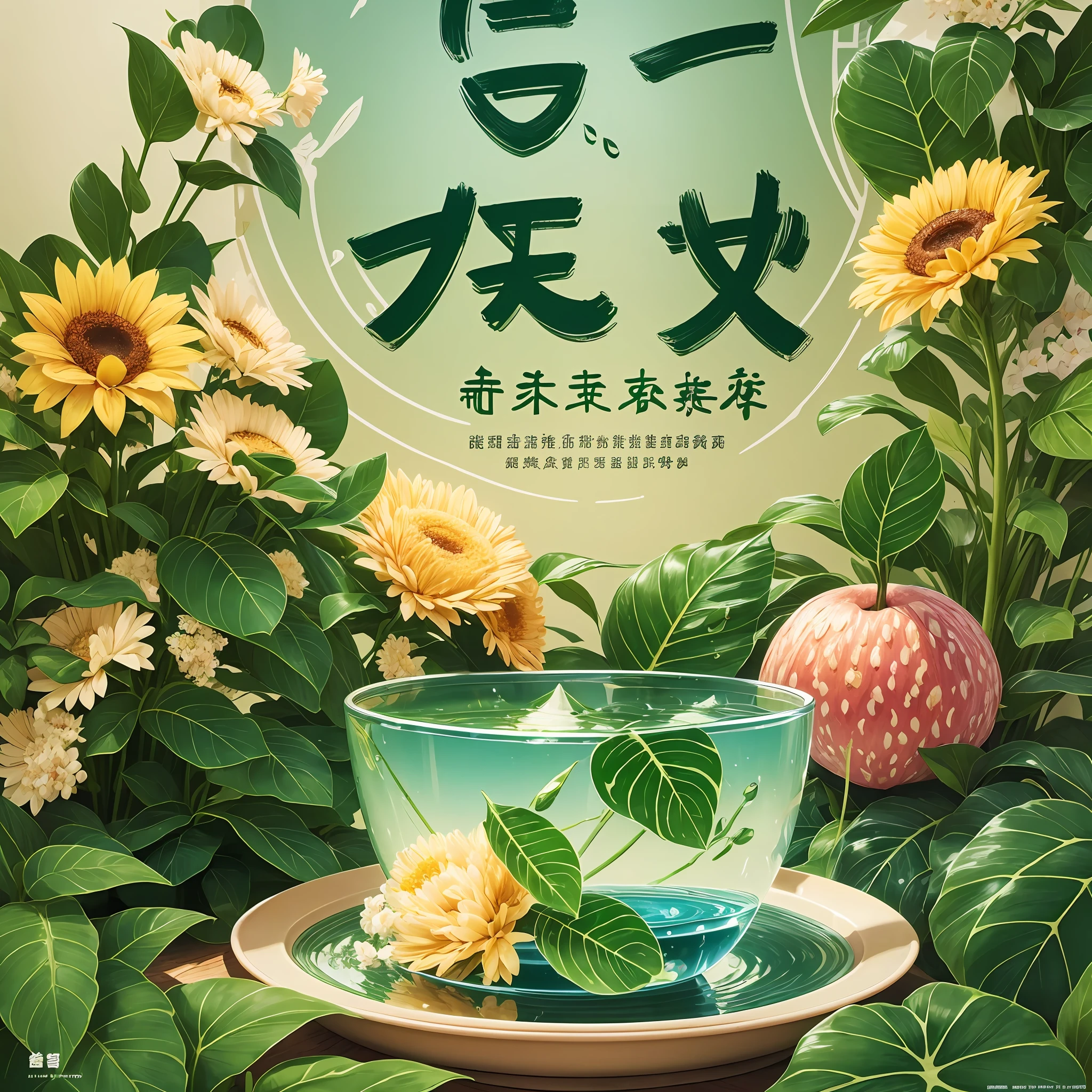 Masterpiece, HD, a poster, the theme is morning tea, there are two Chinese Chinese characters for big morning tea, the theme of the poster content is lychee and summer, water drops, sunshine, clear sky, green leafy plants, --auto --s2