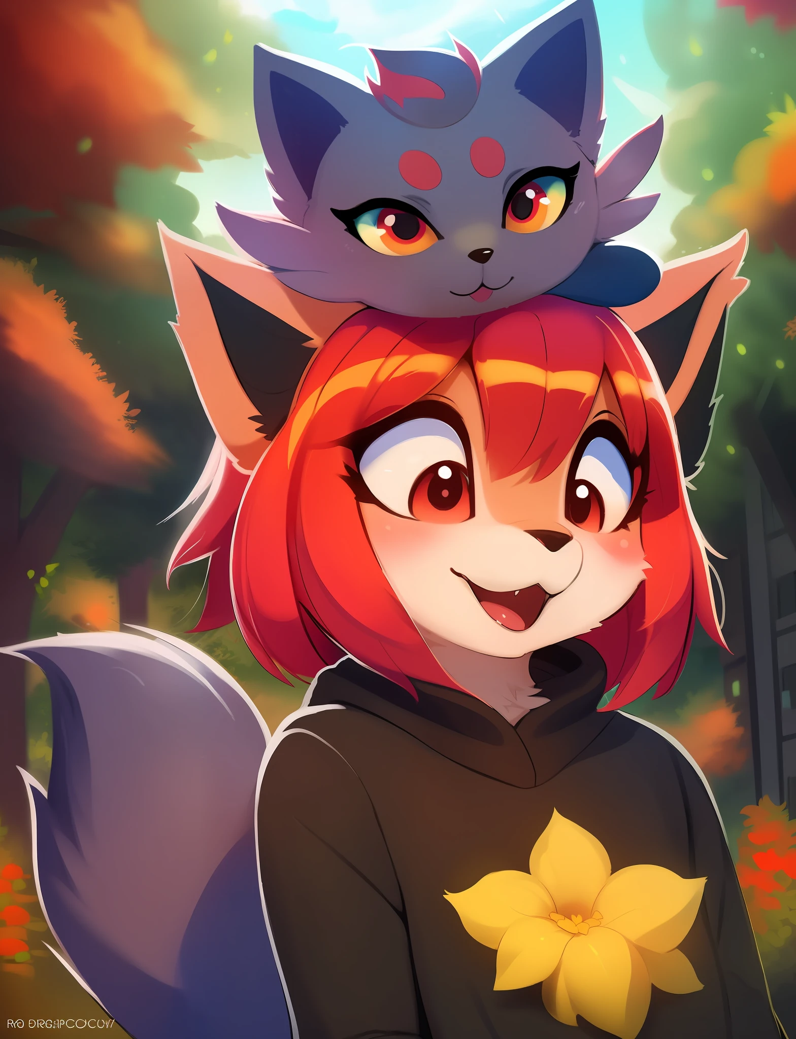 araffe with red hair and a furry tail in the woods, very very beautiful furry art, dramatic cinematic detailed fur, furry art, furry fantasy art, loish and wlop, anthro art, furry wolf, pov furry art, furry art!!!, kemono, 🌺 cgsociety, furry mawshot art, loish |, zorua pokemon, detailed fanart