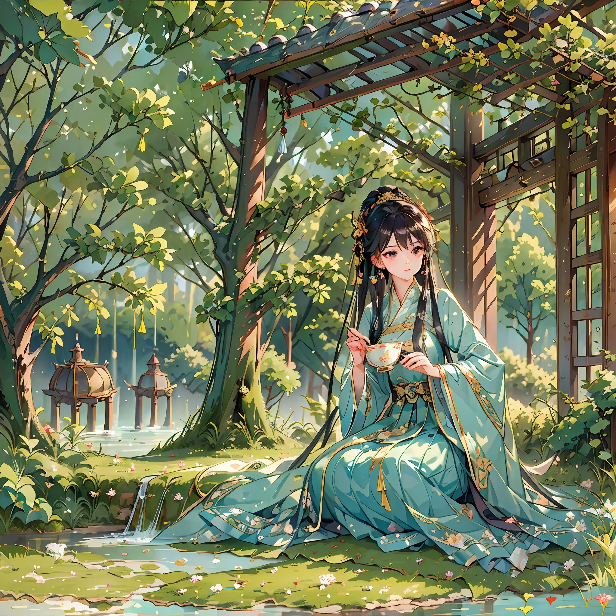In the gazebo, Hanfu girl holding a teacup, On the classical table is a large bag of tea leaves, pines, river, hill, masterpiece, HD, high quality, high details, best quality --auto --s2