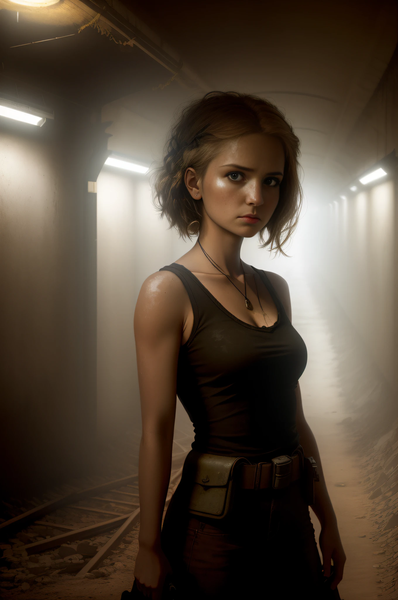 In the dimly lit metro tunnels of a post-apocalyptic world, a blonde woman stands tall, her silhouette illuminated by the soft glow of a flickering lantern. Her weathered face tells a story of resilience and determination, as her piercing gaze searches the shadows for any signs of danger. The rusted tracks and crumbling walls serve as a backdrop, a testament to the harsh reality she faces every day. This scene, captured in a realistic photograph, portrays the strength and grace of a survivor in the midst of desolation.