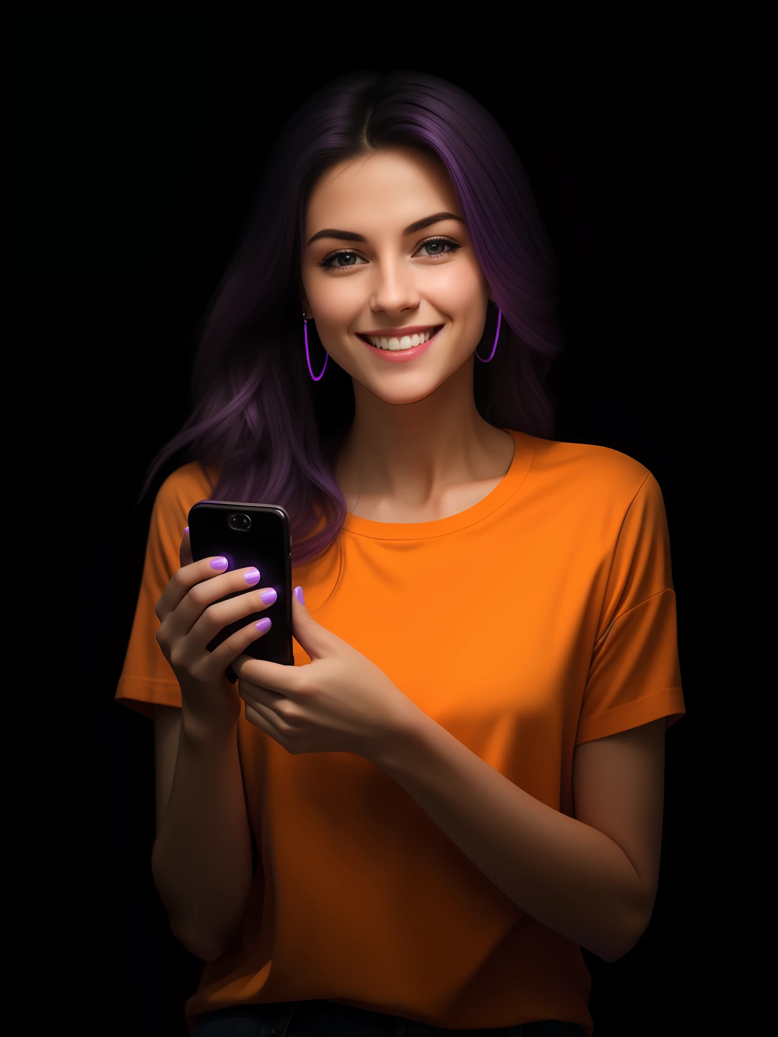 smiling woman in purple shirt holding a cell phone in front of her face, she is holding a smartphone, wearing an purple t shirt, wearing an purple t-shirt, purple glow, by Adam Marczyński, attractive woman, attractive young woman, purple hue, purple glowing hair, orange skin, smiling young woman, purple lighting, ad image, attractive girl