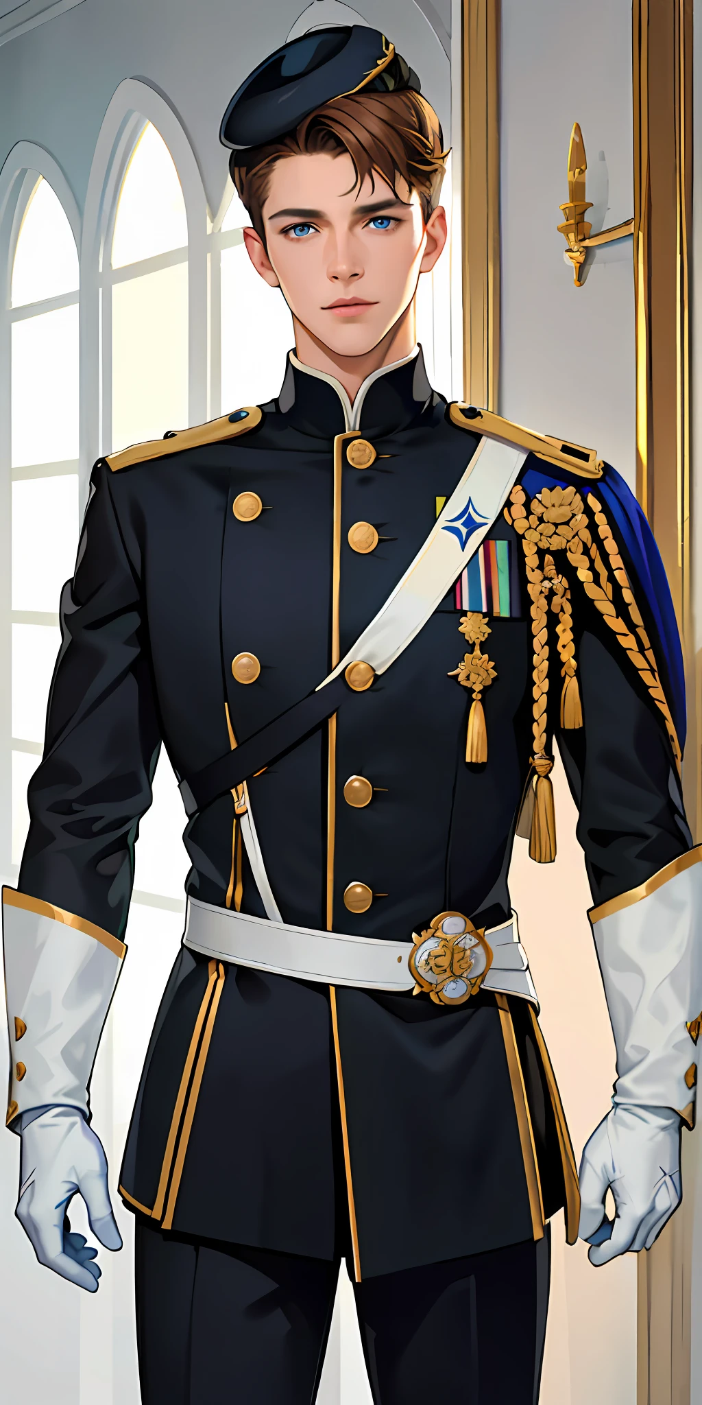 Best image quality, 4k, masterpiece, male, short hair, handsome mature gentle handsomeness, light brown hair, light blue eyes, sharp eyes looking at the camera, face focus, delicate facial features, black uniform, white gloves hat, arms holding, artistic lighting, portraiture, face magnification, [elegant demeanor, dignified atmosphere and excellent posture that catches the eye + handsome face + portrait painting effect].