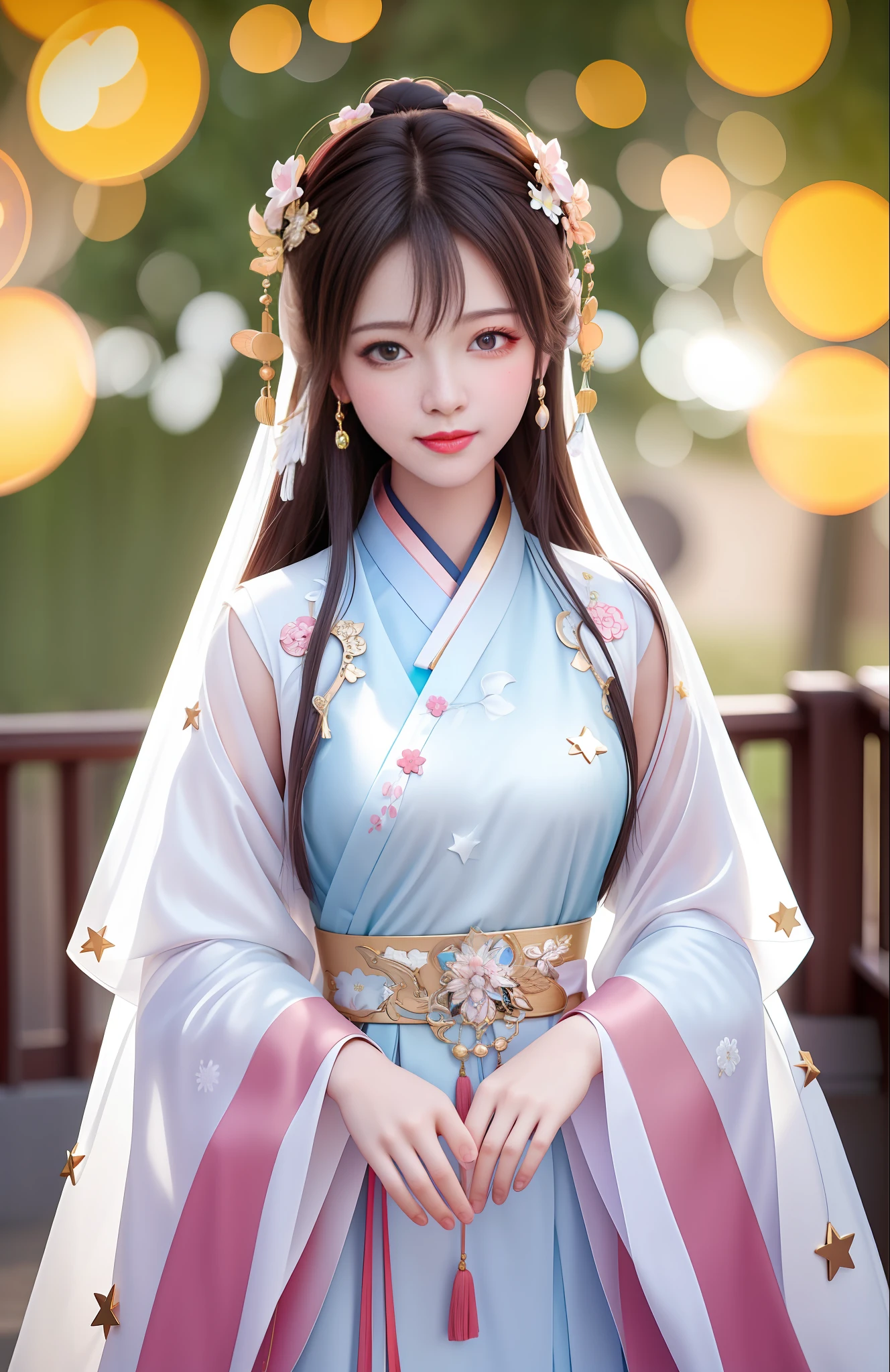 best quality, masterpiece, highres, 1girl,blush,(seductive smile:0.8),star-shaped pupils,china hanfu,hair ornament, Beautiful face,upon_body, tyndall effect,photorealistic, dark studio, rim lighting, two tone lighting,(high detailed skin:1.2), 8k uhd, dslr, soft lighting, high quality, volumetric lighting, candid, Photograph, high resolution, 4k, 8k, Bokeh,white dress
