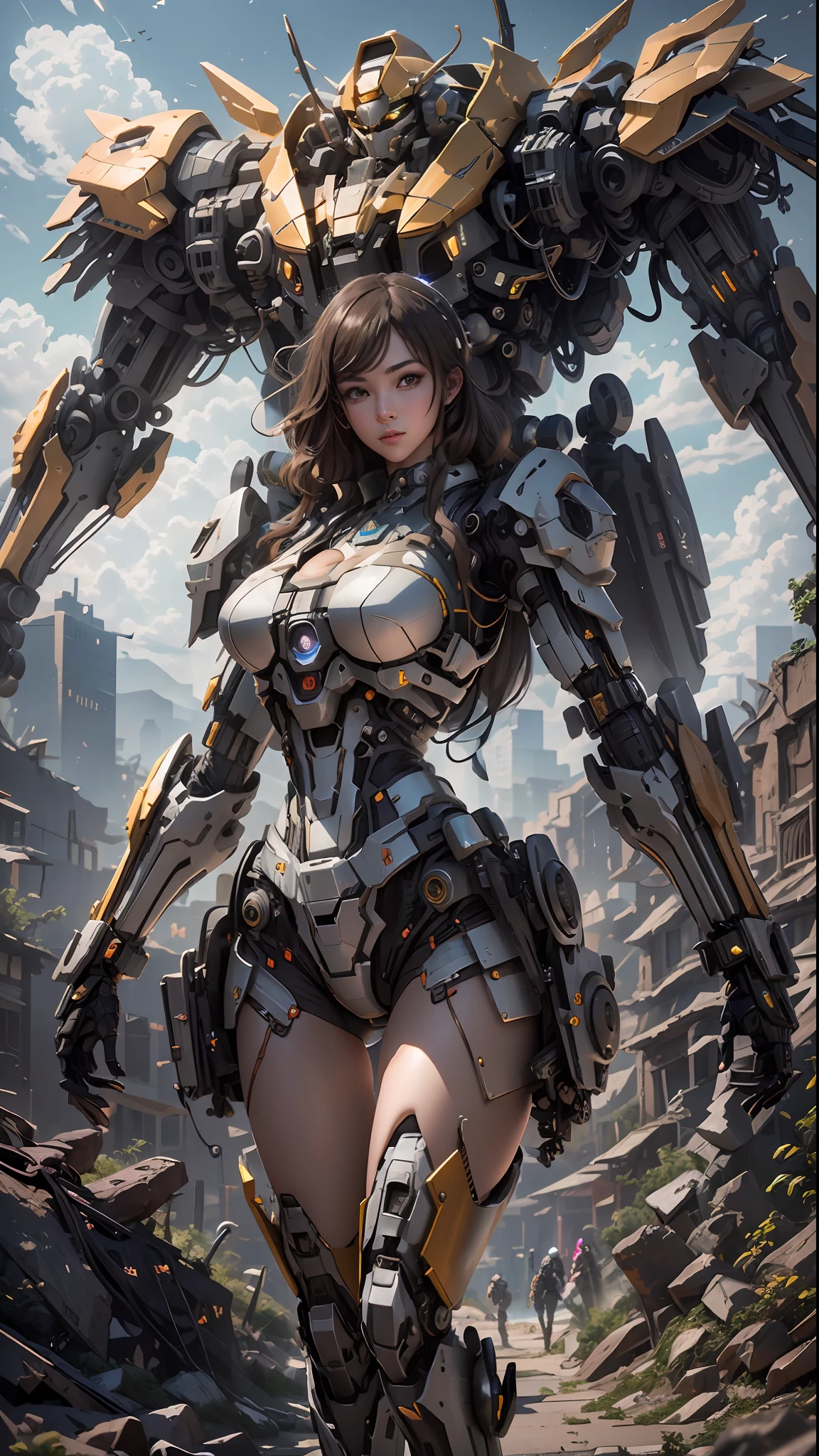 ((Best Quality)), ((Masterpiece)), (Very Detailed:1.3), 3D, Shitu-mecha, Beautiful cyberpunk woman with her pink mech in the ruins of a city in the forgotten war, Ancient technology, HDR (High Dynamic Range), ray tracing, NVIDIA RTX, super resolution, unreal 5, subsurface scattering, PBR texture, post-processing, anisotropic filtering, depth of field, maximum sharpness and sharpness, multi-layer texture, albedo and highlight maps, surface shading, Accurate simulation of light-material interactions, perfect proportions, octane rendering, duotone lighting, low ISO, white balance, rule of thirds, wide aperture, 8K RAW, efficient sub-pixels, subpixel convolution, luminescent particles, light scattering, Tyndall effect