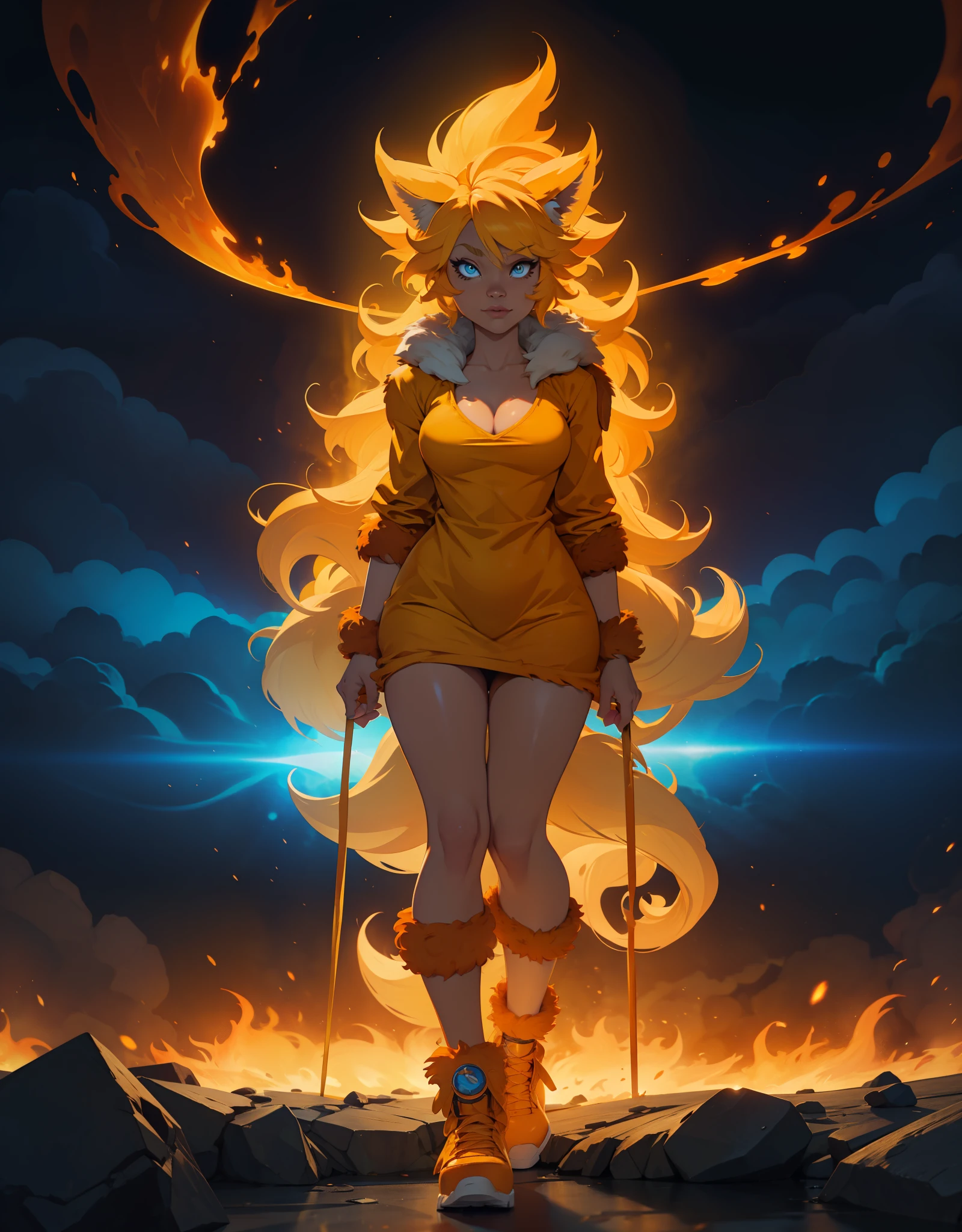 fox, (monster girl), orange fur, light-yellow fluffy hair, light-yellow fluffy chest fur, light-yellow super fluffy tail, blue eyes, long orange ears, wearing casual clothing, standing in a firestorm, masterpiece, best quality