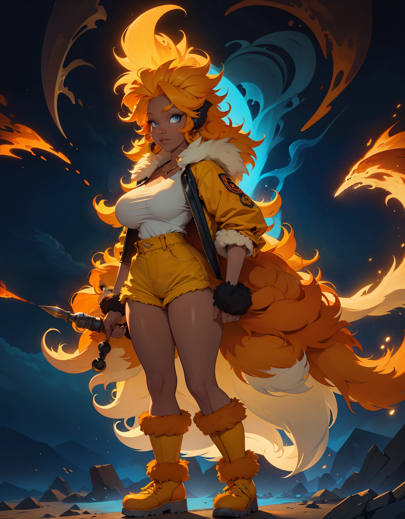 fox, (monster girl), orange fur, light-yellow fluffy hair, light-yellow fluffy chest fur, light-yellow super fluffy tail, blue eyes, long orange ears, wearing casual clothing, standing in a firestorm, masterpiece, best quality