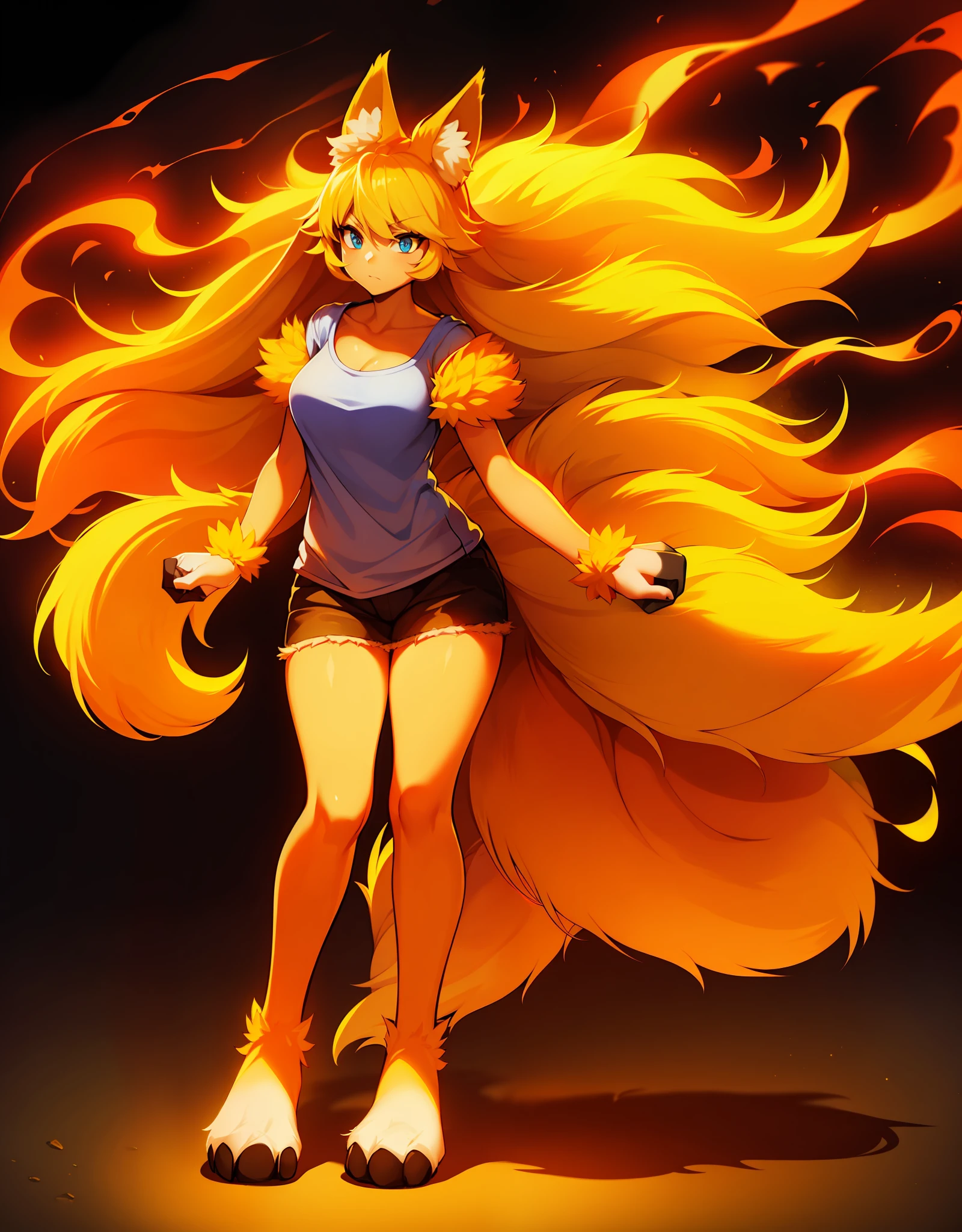 fox, (monster girl), orange fur, light-yellow fluffy hair, light-yellow fluffy chest fur, light-yellow super fluffy tail, blue eyes, long orange ears, wearing casual clothing, standing in a firestorm, masterpiece, best quality