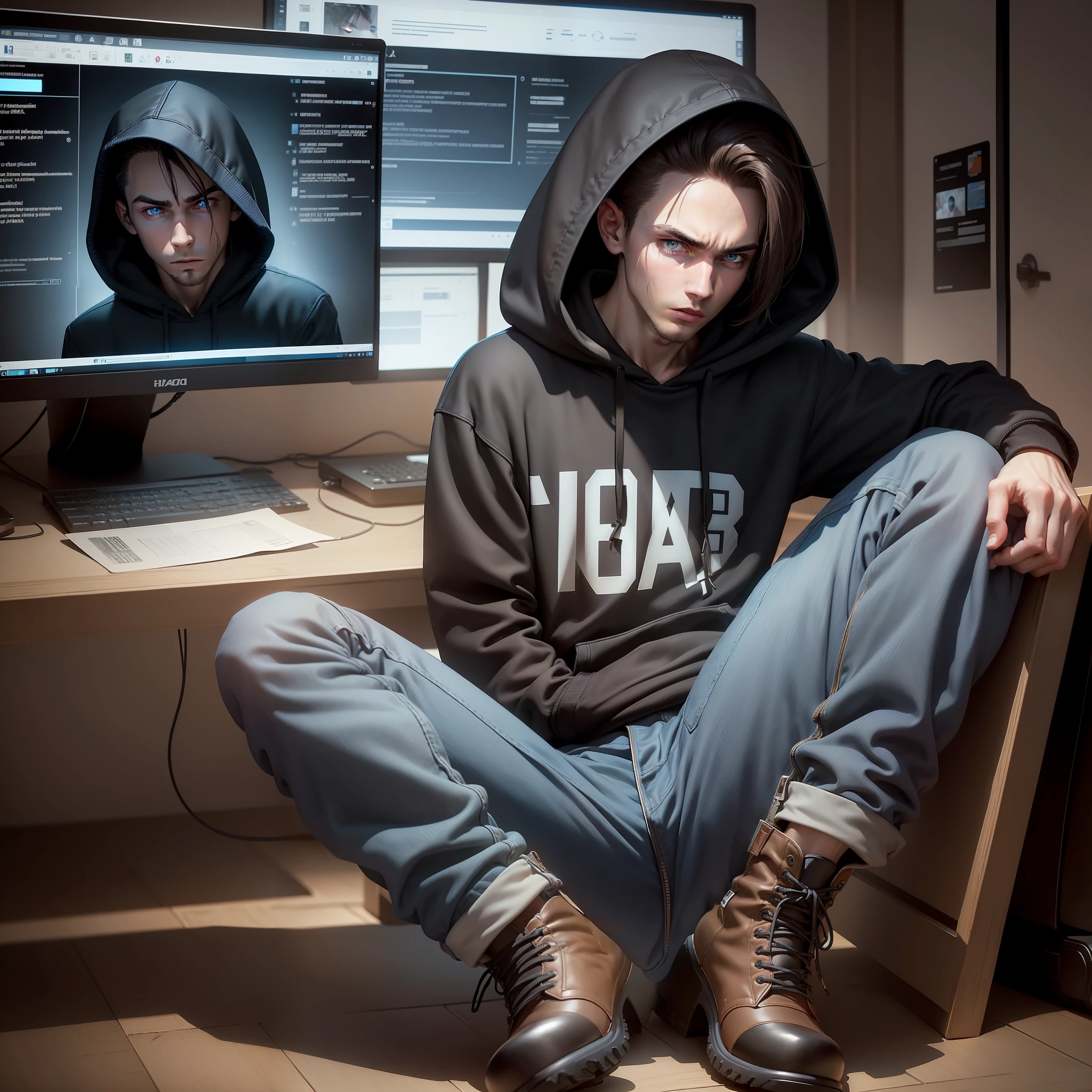 (dramatic illumination, intense color contrast), (solo), (portrait of ung white man brown eyes, wearing blue jeans a black hoodie, hood up and low over his forehead), (black boots), (in front of banks of computer screens ), (intense expression), (hacker), (precise, correct proportions)