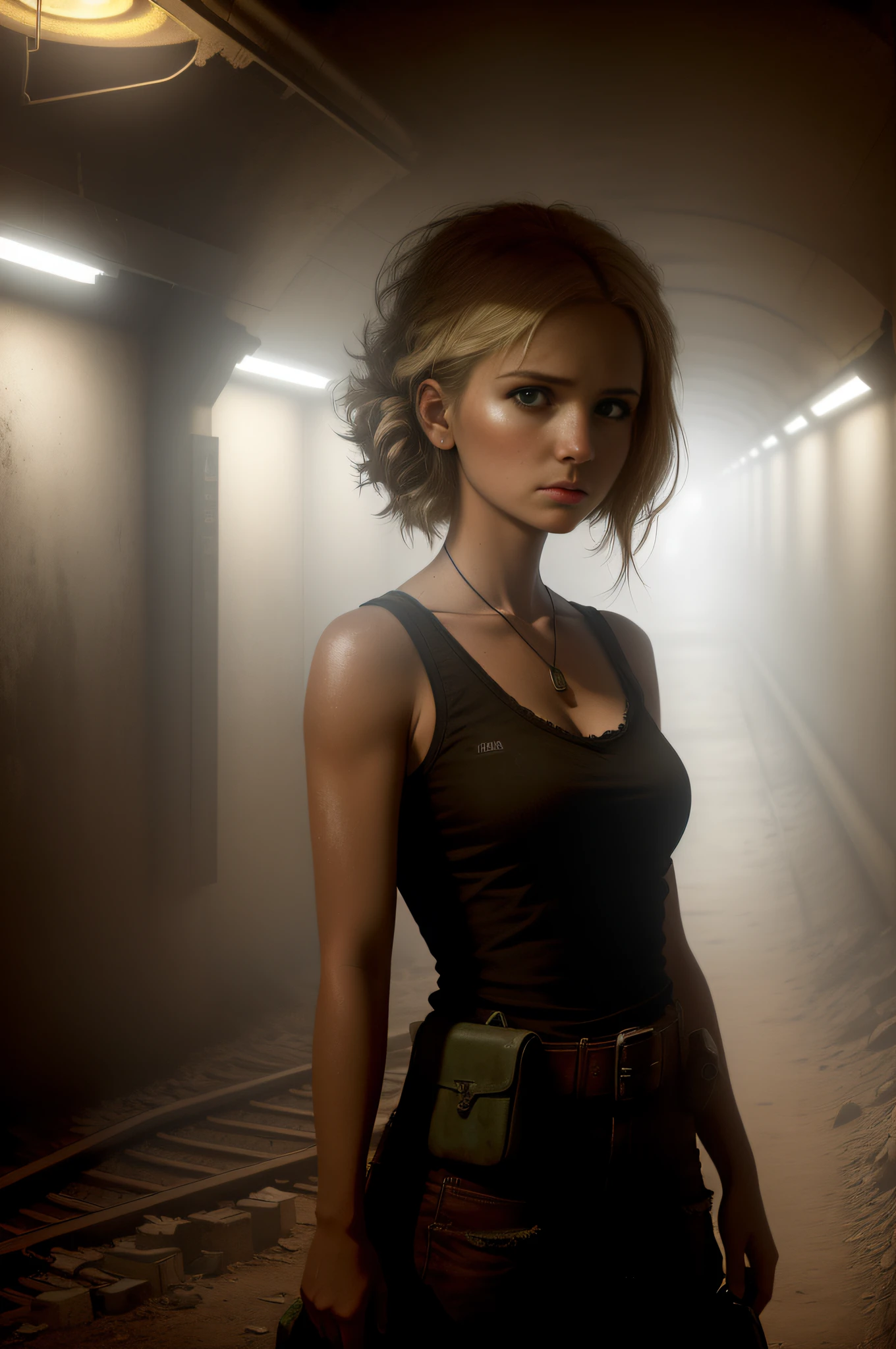 In the dimly lit metro tunnels of a post-apocalyptic world, a blonde woman stands tall, her silhouette illuminated by the soft glow of a flickering lantern. Her weathered face tells a story of resilience and determination, as her piercing gaze searches the shadows for any signs of danger. The rusted tracks and crumbling walls serve as a backdrop, a testament to the harsh reality she faces every day. This scene, captured in a realistic photograph, portrays the strength and grace of a survivor in the midst of desolation, with long and tousled hair.