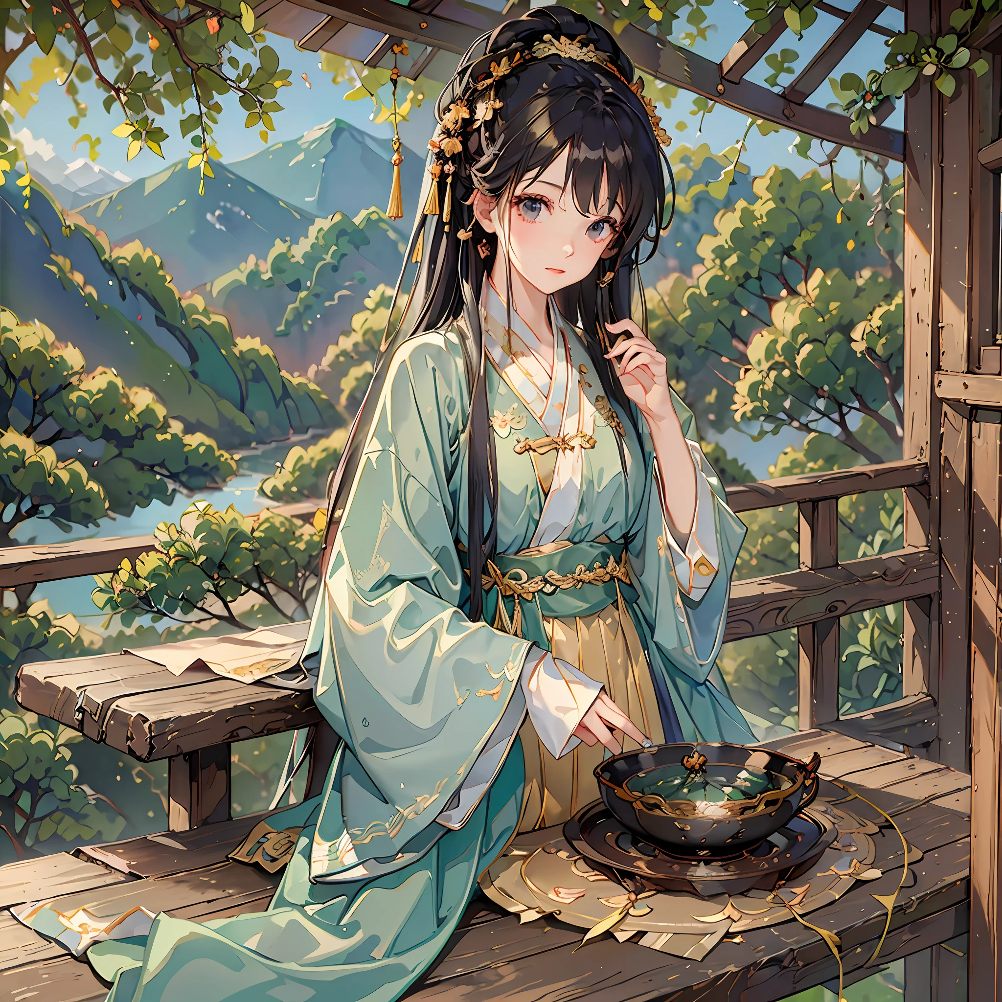 In the gazebo, Hanfu girl holding a teacup, On the classical table is a large bag of tea leaves, pines, river, hill, masterpiece, HD, high quality, high details, best quality --auto --s2