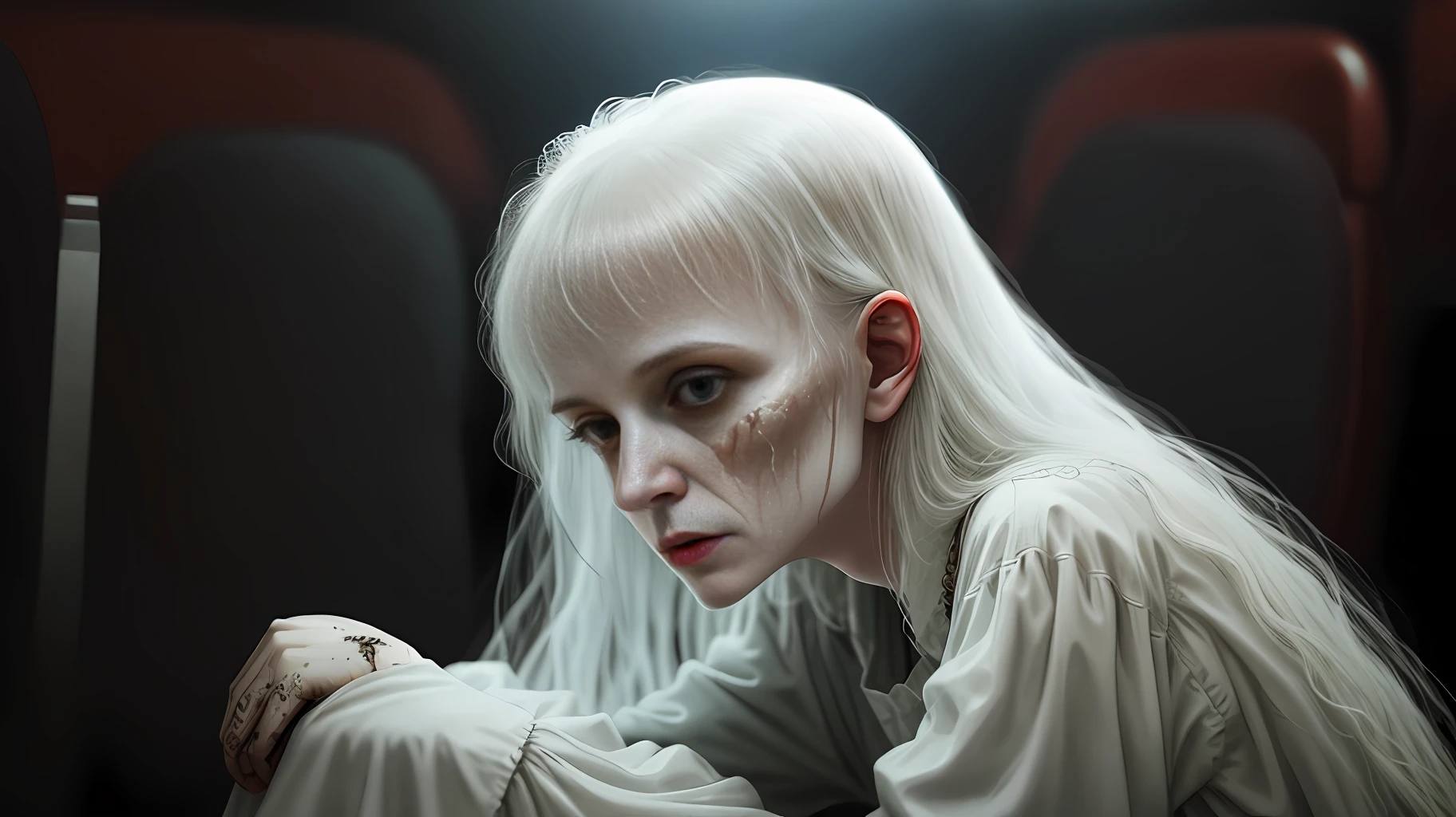 Ghost woman, details of her rotten skin falling she sat watching in the cinema
