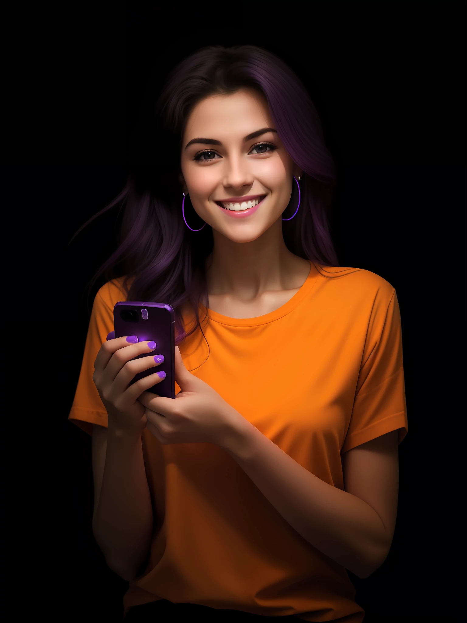 smiling woman in purple shirt holding a cell phone in front of her face, she is holding a smartphone, wearing an purple t shirt, wearing an purple t-shirt, purple glow, attractive woman, attractive young woman, purple hue, purple glowing hair, purple skin, smiling young woman, purple lighting, ad image, attractive girl