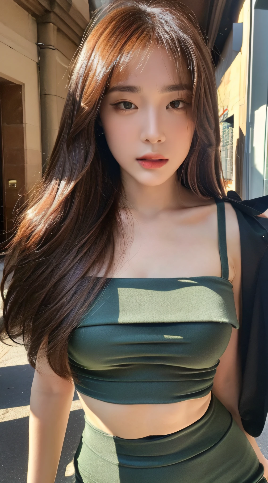 ((Top Quality, 8k, Masterpiece: 1.3)), Crisp Focus: 1.2, Beautiful Women in Perfect Style: 1.4, Slender Abs: 1.2, ((Dark Brown Hair, Big: 1.5)), Street: 1.2, Highly Detailed Face and Skin Texture, Detailed Eyes, Double Eyelids