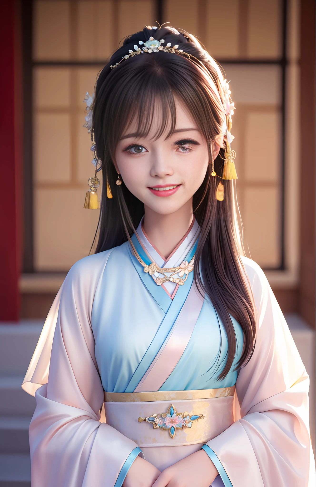 best quality, masterpiece, high resolution, 1girl, blush, (charming smile: 0.8), star pupil, chinese hanfu, hair accessory, beauty, human body, tyndall effect, realism, shadow studio, edge light, bicolor light, (high detail skin: 1.2), 8k uhd, dslr, soft light, high quality, volumetric light, photo, high resolution, 4k, 8k, bokeh, white dress, close-up, healing smile