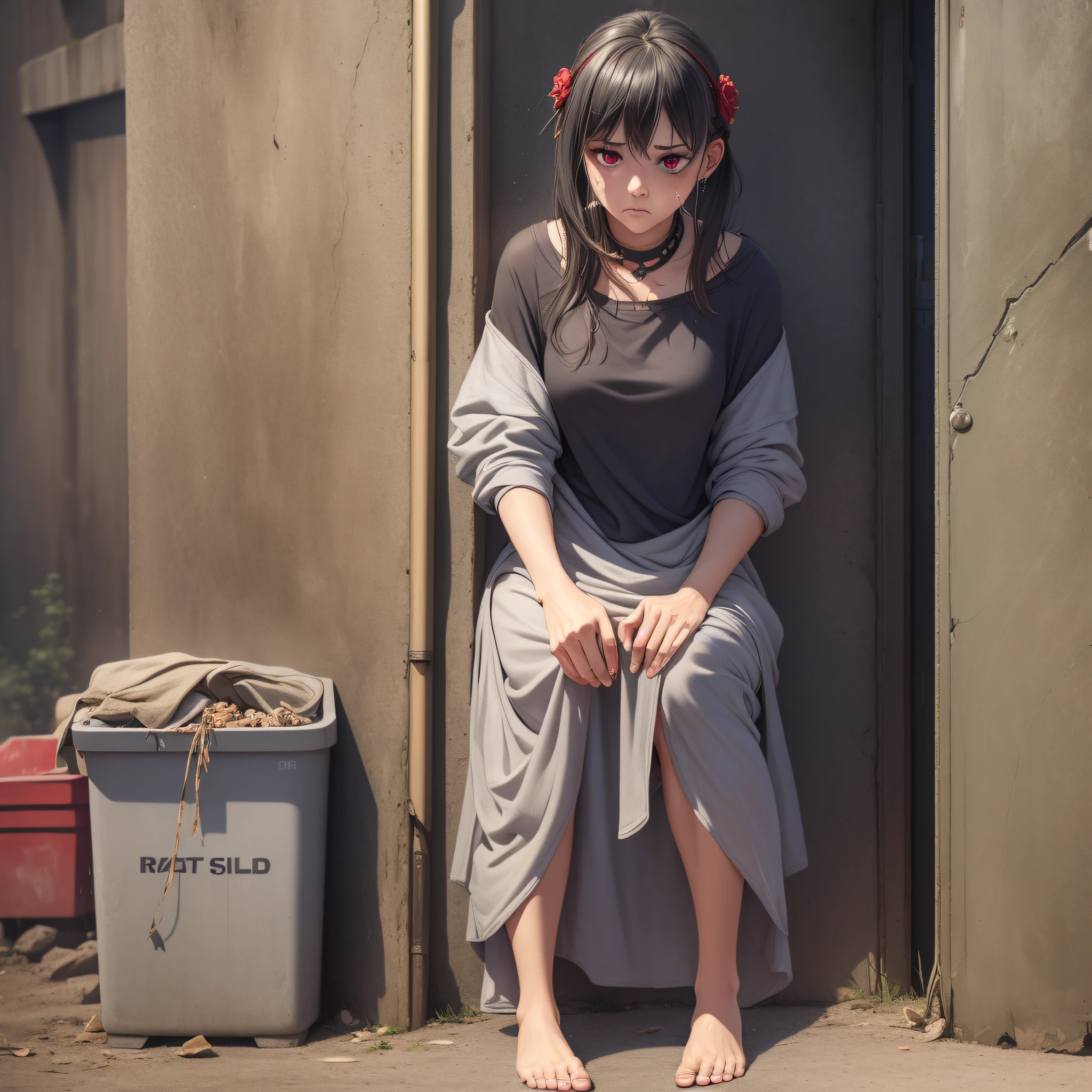 (4K), (best quality), (Best details), (ultra realistic), Yor Forger, beggar, gray torn shirt, beautiful, barefoot, crying, sadness, begging for money, no makeup, dirty body, red eyes, ashamed, standing with her hand outstretched, looking at viewer, stand next to a dumpster.
