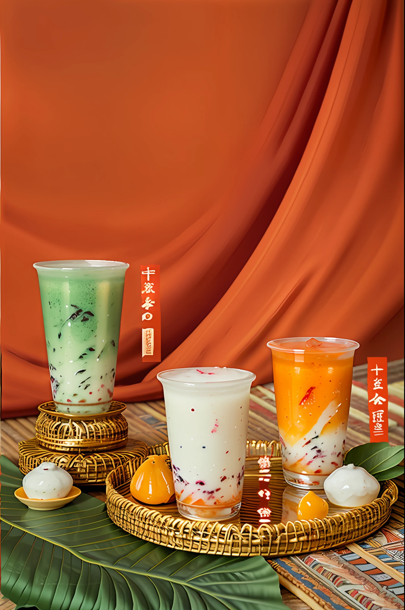there are three cups of tea and a tray of fruit on a table, colored milk tea, official product image, inspired by Qu Leilei, nanquan, su fu, trending ,, jia, product introduction photo, drink, inspired by Ei-Q, 💣 💥, daopao, inspired by Cui Bai, halo halo halo halo 8k, qiangshu
