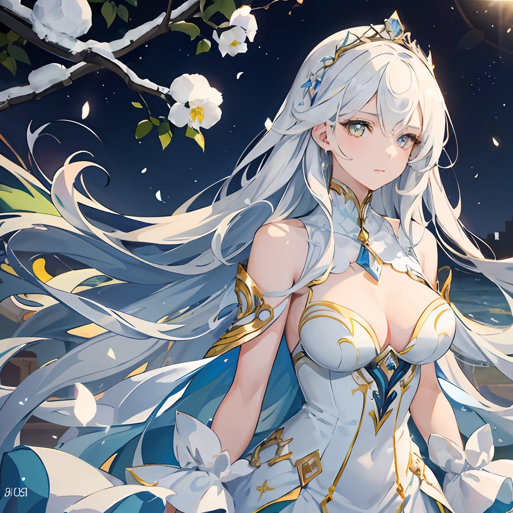(A beautiful, elegant young woman with sparkling blue eyes and long, straight hair as white as snow) (yellow eyes:1.3)0.4], white and perfect skin, wrapped in a soft and luxurious lighting, posing in a stunning setting with a unique wallpaper in 8k CG resolution, which has infinitely detailed and stunning textures, harmoniously combining with the vibrant and lush colors of the environment. --s2