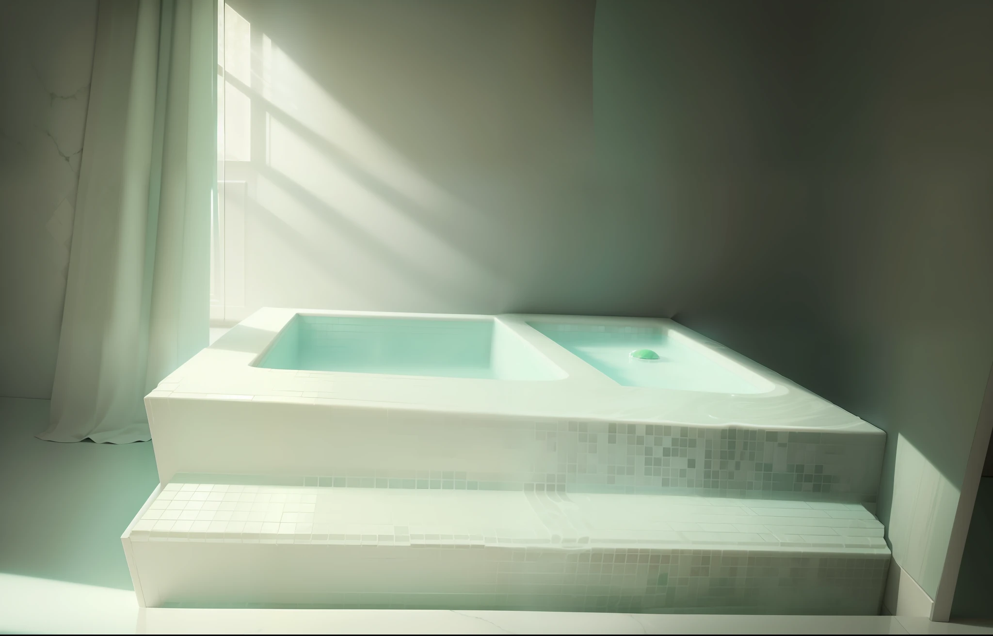 Tip: A pale green bubble pool is placed on the floor of the bathroom, the floor is marble, the background has various bathroom decorations, exquisite room, more details, flowing curtains, sunlight obliquely into the room, three-dimensional vivid, the illustration is a high-definition illustration in 4K resolution, with highly detailed features and visuals.