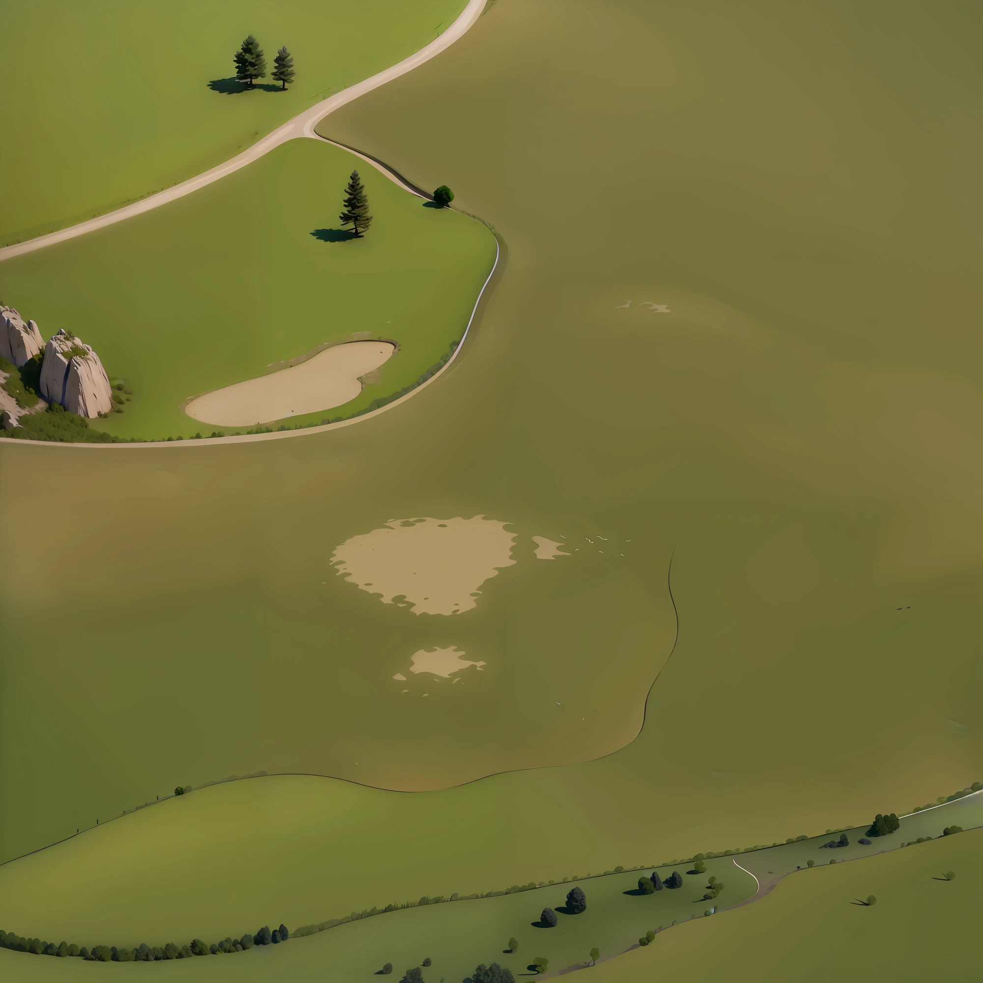 (8k, RAW photo, best quality, masterpiece: 1.2), (realistic, photorealistic: 1.37), stereoscopic, strong contrast, in midday sun, mountain, river, loess, meadow, dead grass, terrain, cliff, coast, shrubland, cloud, field, forest, grass, green_theme, landscape, mountain, nature, no_humans, on_grass, outdoor, path, plant, river, rock, landscape, tree