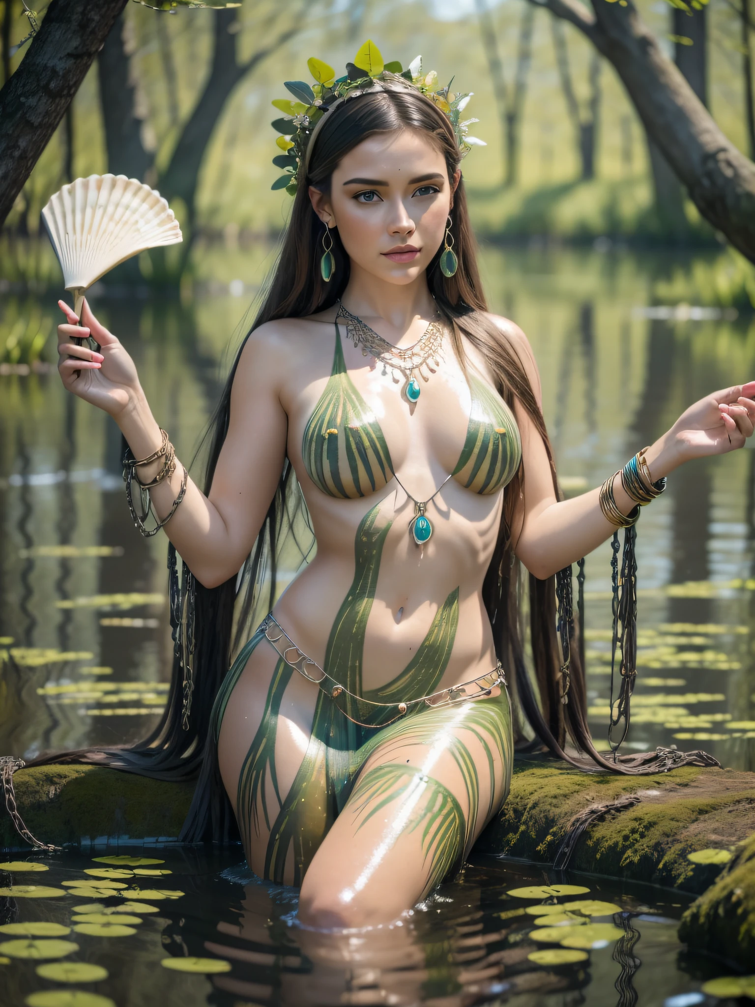 (photorealism, best quality, wallpaper in 8k ultra detailed), Druid woman, lake in the swamp, body painting, stone necklace, chains, shell bracelet, accessories, crown of leaves, carp in water, bioluminescent effects