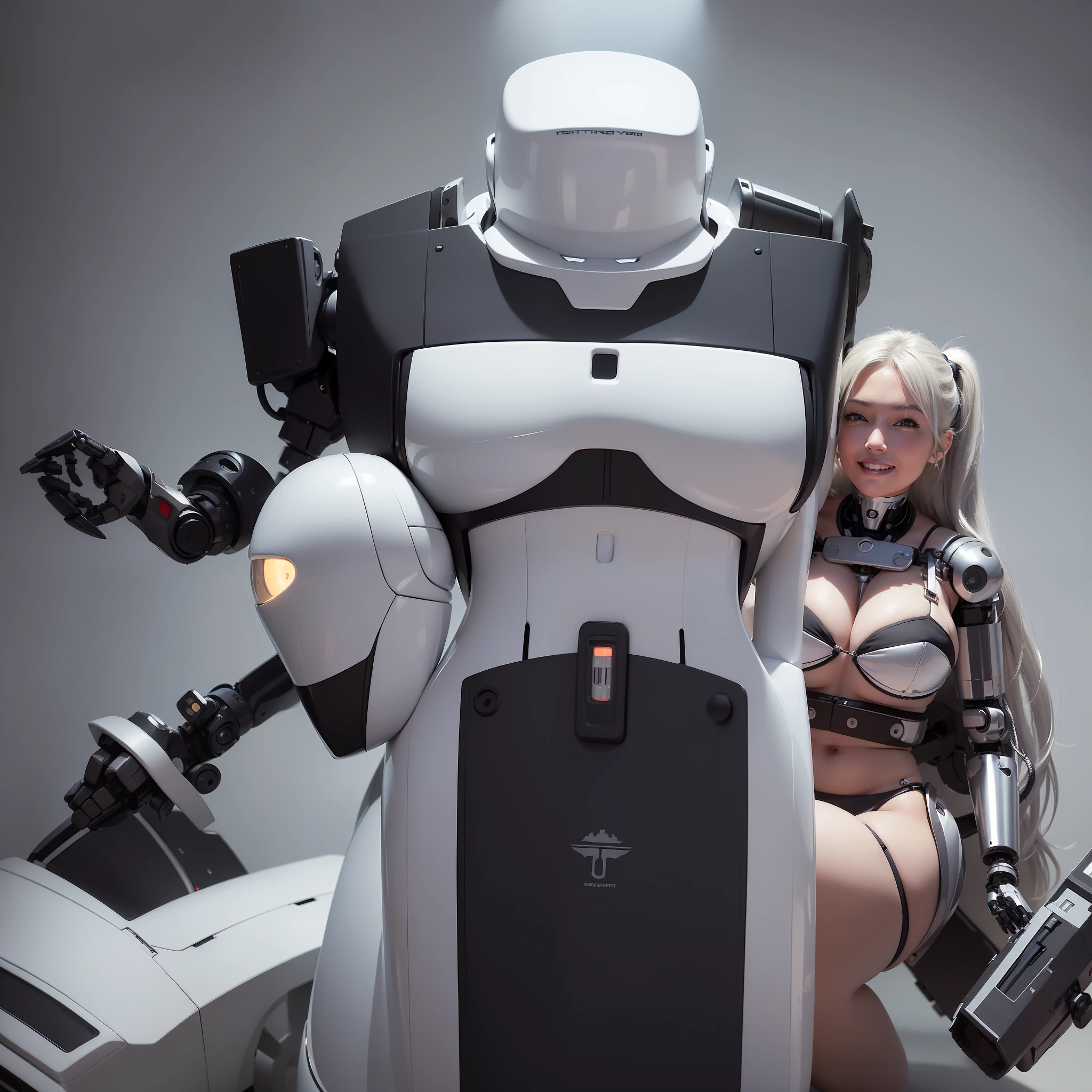 Beautiful Face,, From Back, 1 Woman, Curvaceous, Top Quality, Masterpiece, Ultra Detailed, ((((Bikini Cyborg Robot Parts)))), (Light Grey Hair), Long Hair, Wavy Hair, Twin Tails, Medium Shot, (((Seductive Smile)), (Black Eyes), Princess Cut, (Cowboy Shot),Squatting,Spread Your Legs,