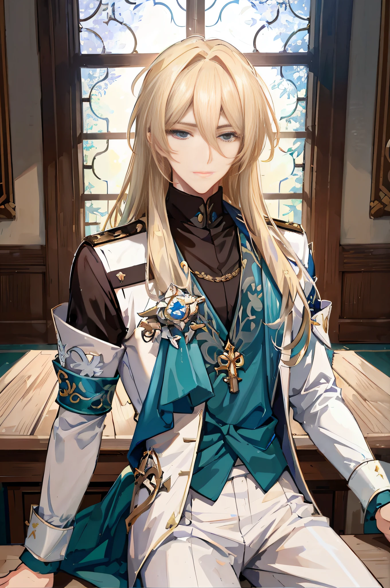 anime - style image of a blonde haired man in a blue and white uniform, beautiful androgynous prince, delicate androgynous prince, portrait of magical blond prince, shadowverse style, inspired by Li Chevalier, ((wearing aristocrat robe)), casimir art, key anime art, keqing from genshin impact, portrait knights of zodiac girl, handsome prince