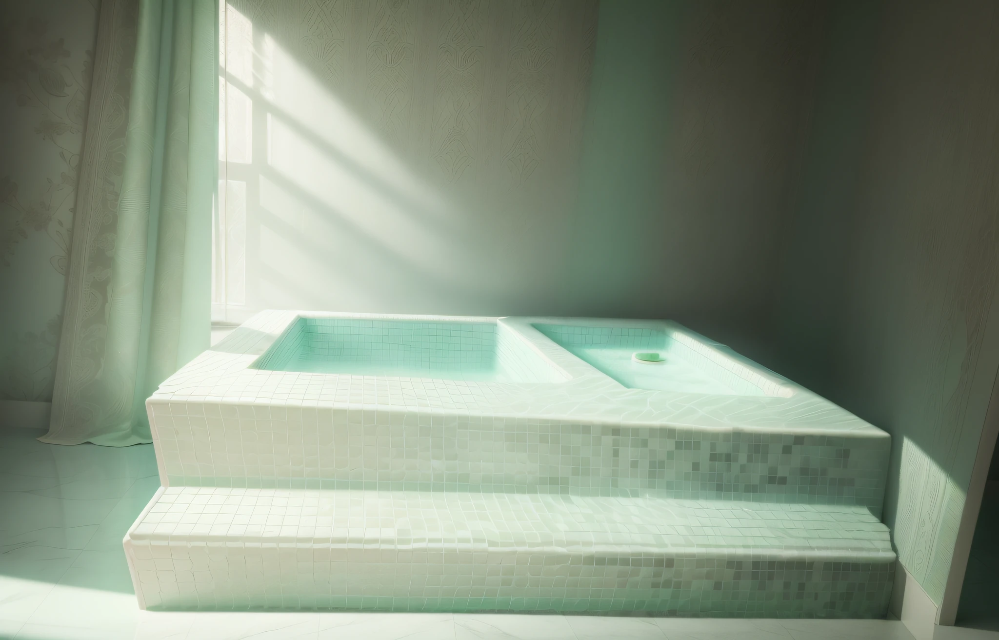Tip: A pale green bubble pool is placed on the floor of the bathroom, the floor is marble, the background has various bathroom decorations, exquisite room, more details, flowing curtains, sunlight obliquely into the room, three-dimensional vivid, the illustration is a high-definition illustration in 4K resolution, with highly detailed features and visuals.