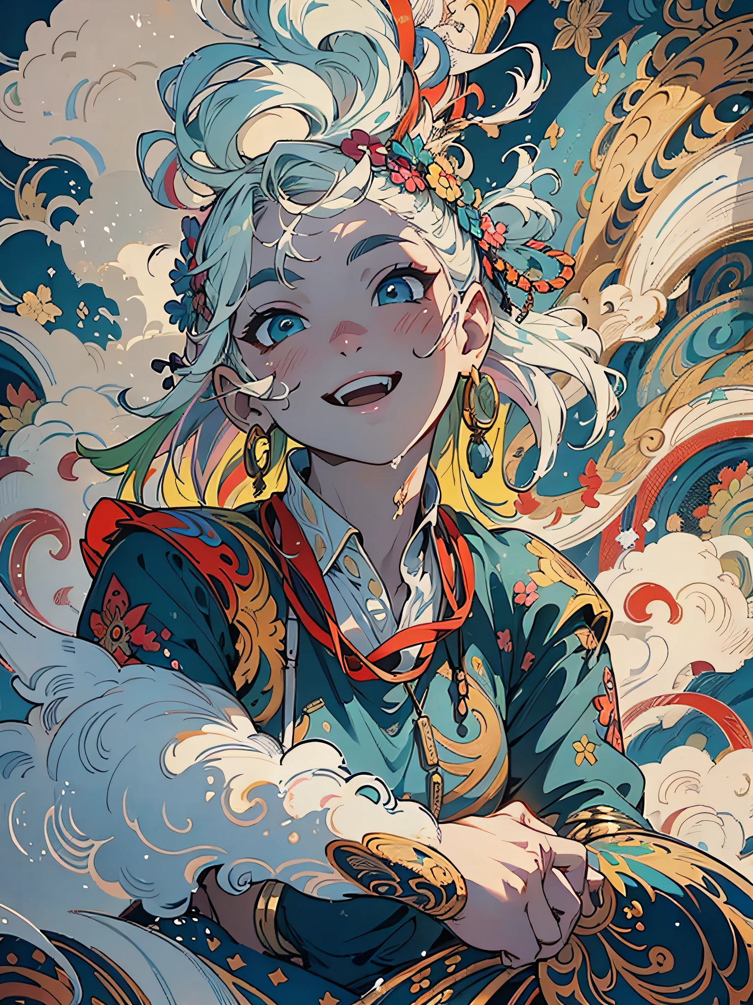 (splash art), (masterpiece, best quality: 1.2), detail face, smile, fantasy figure sitting on the top of the cloud, style of hanging scroll, strong facial expression, colorful grotesque, precise lines, large muralist, upper body, illustration, high detail,