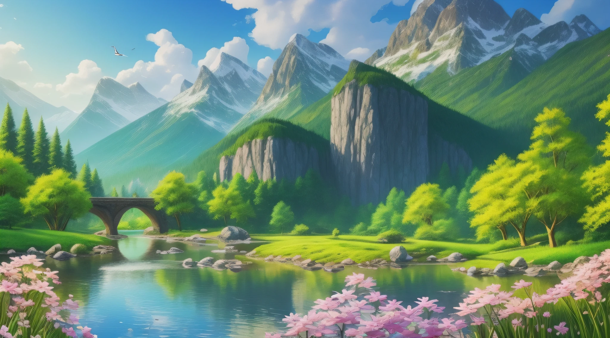 (relaxing scene), (spring), (blue sky), (flowers), (running water), (birds singing), (calming vibes), (harmony), (soft green) with ultra detailed details, a smooth and realistic lighting, smooth movement, some distant mountains, some animals participating in the landscapes, realistic light and shadow reflection effects.